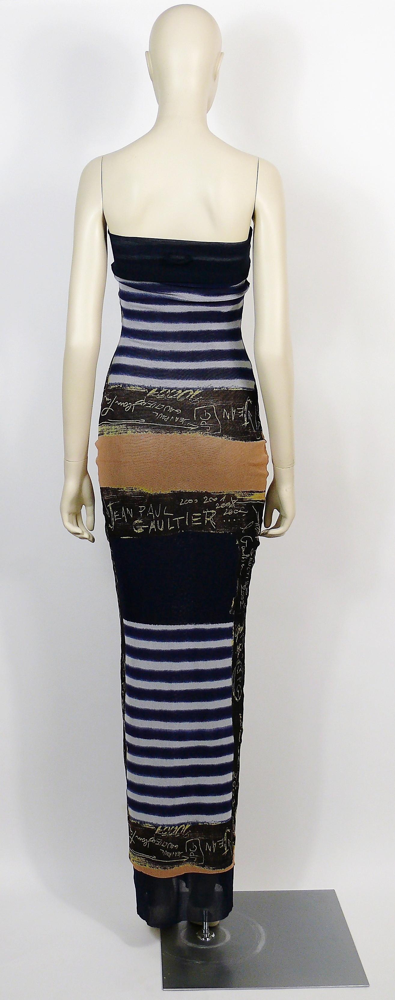 Black Jean Paul Gaultier Sailor Graffitis Print Fuzzi Mesh Strapless Tube Maxi Dress 