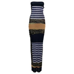 Jean Paul Gaultier Sailor Graffitis Print Fuzzi Mesh Strapless Tube Maxi Dress