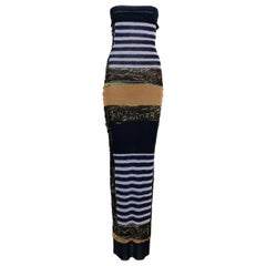 Jean Paul Gaultier Sailor Graffitis Print Fuzzi Mesh Strapless Tube Maxi Dress 