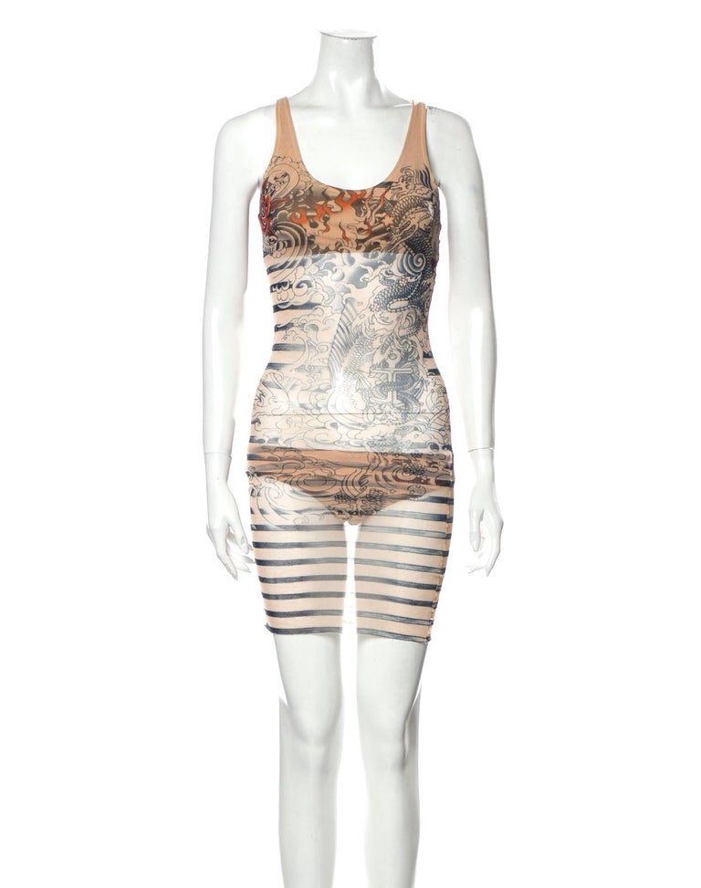 Jean Paul Gaultier Sailor Tattoo Swimsuit Sheer Mesh Tank In Excellent Condition In Austin, TX