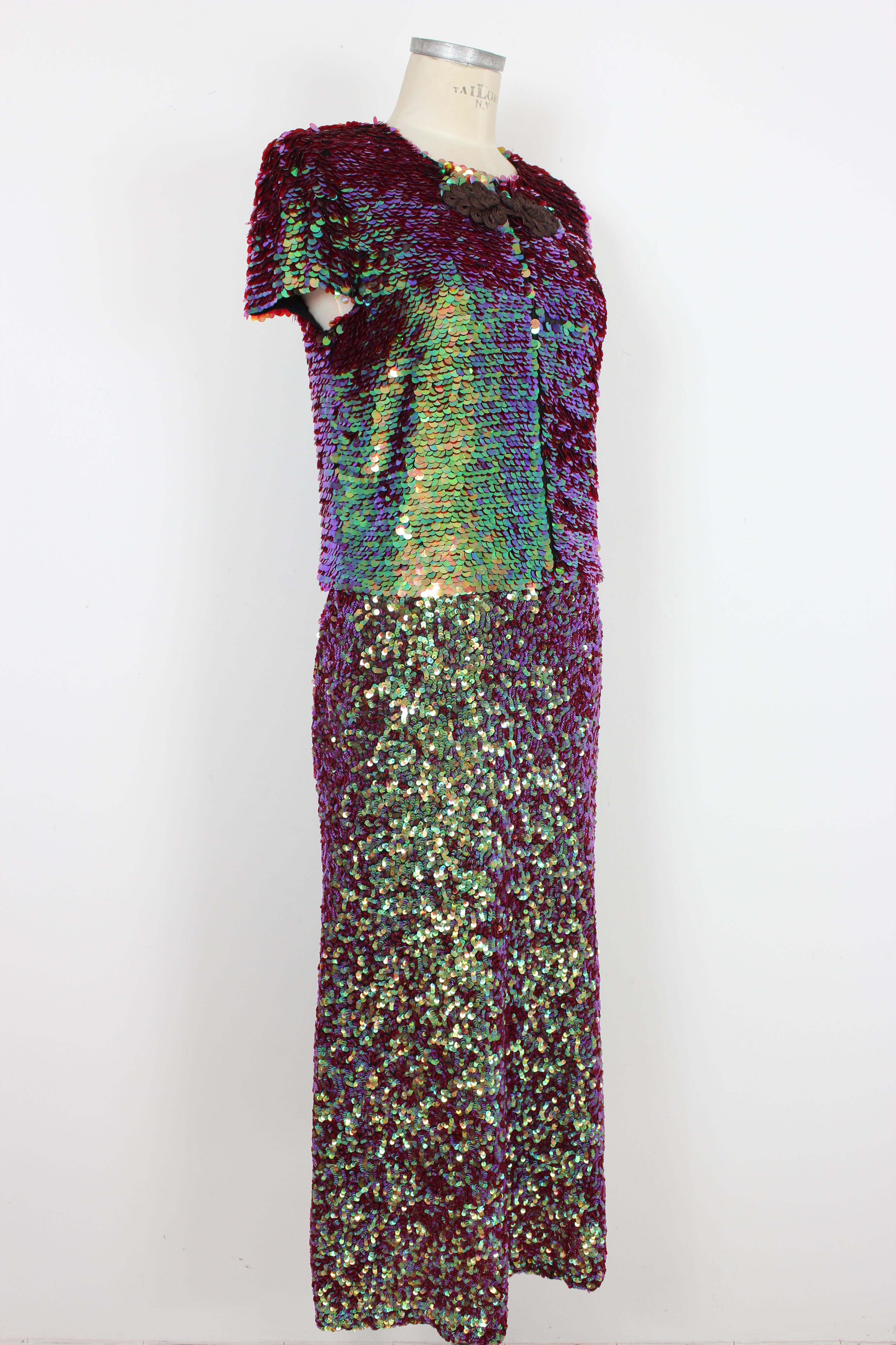 Jean Paul Gaultier Sequins Iridescent Multicolor Skirt Suit Cocktail Dress 1990s In Excellent Condition In Brindisi, Bt