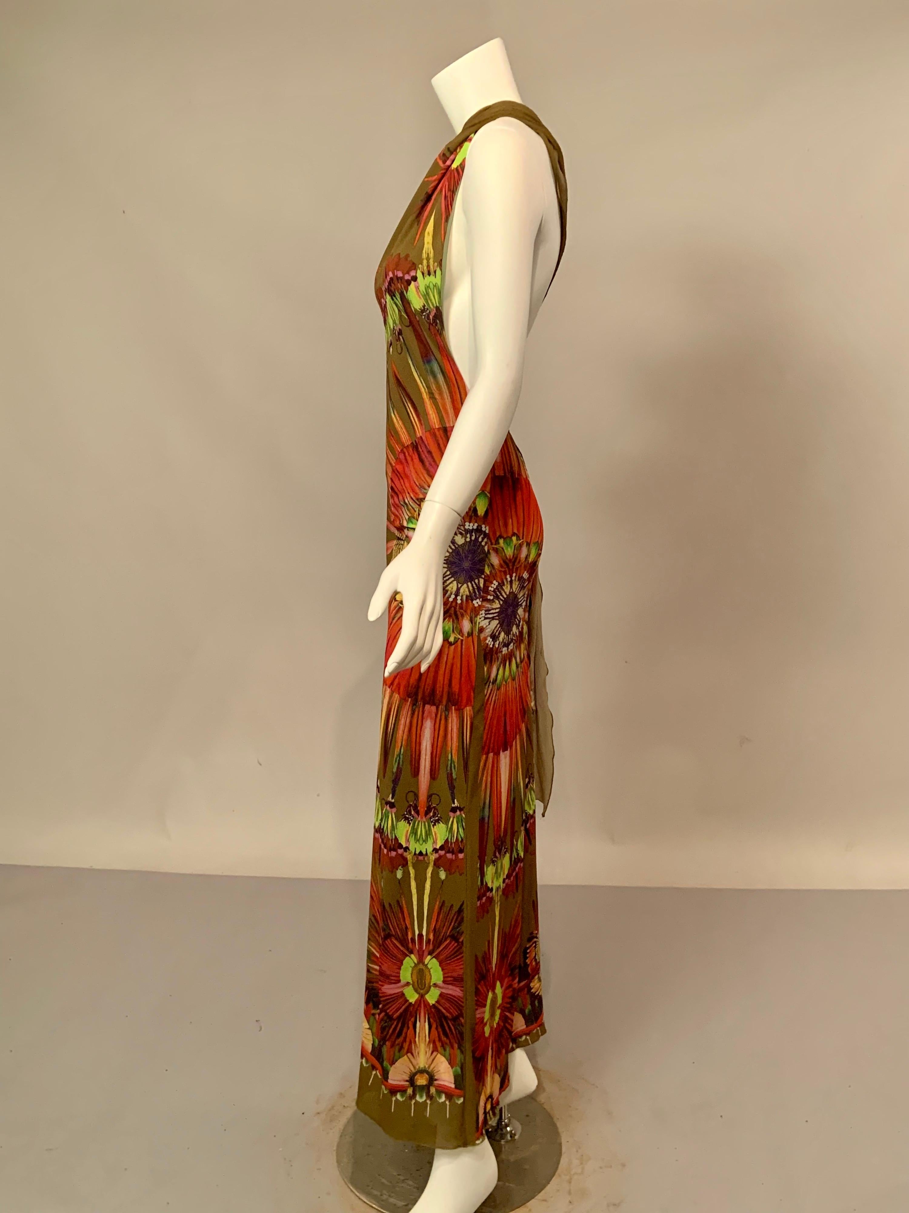 Jean Paul Gaultier Sexy Olive Green Backless Dress with Colorful Feather Pattern In Excellent Condition In New Hope, PA