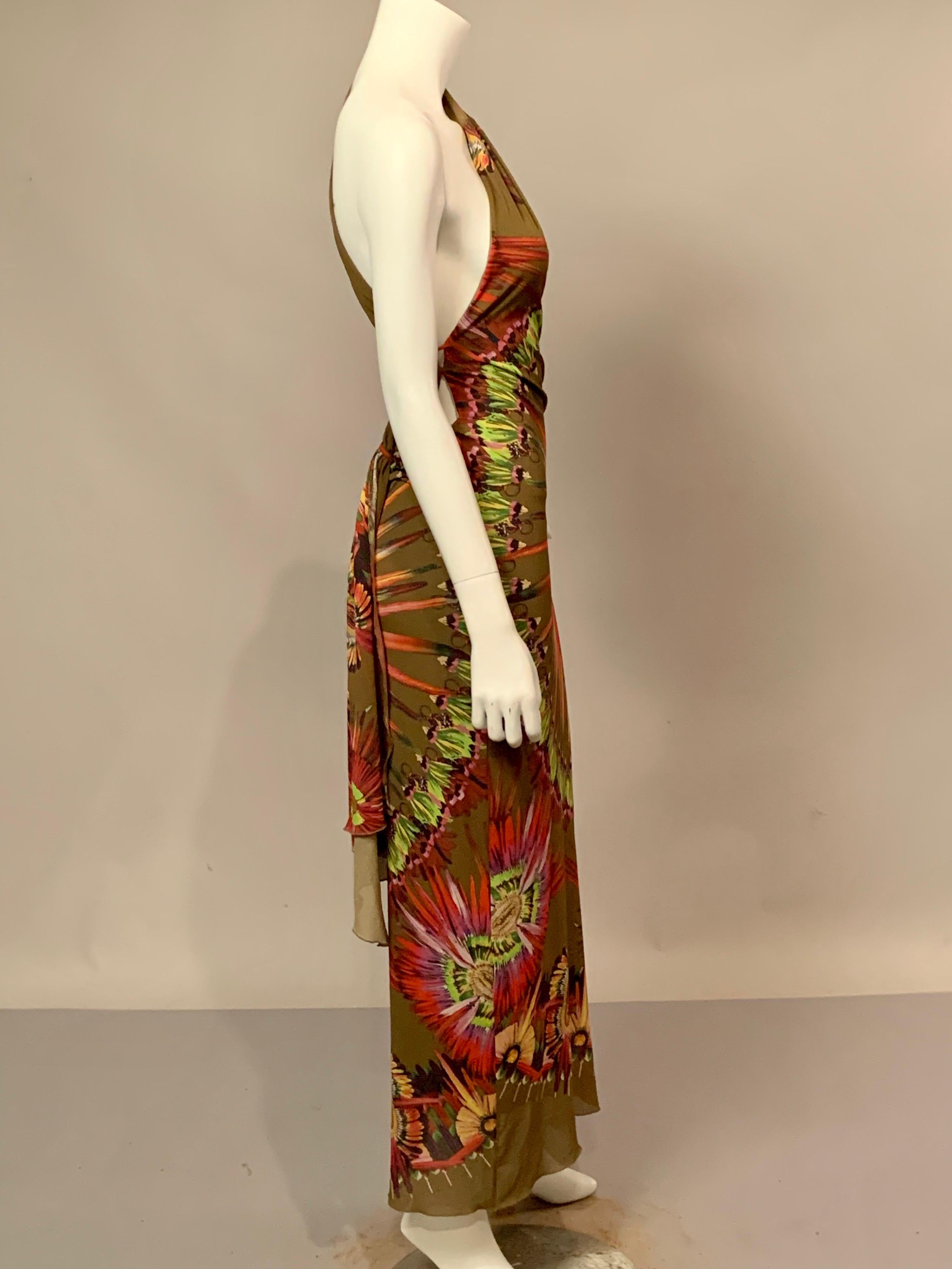 Jean Paul Gaultier Sexy Olive Green Backless Dress with Colorful Feather Pattern 1