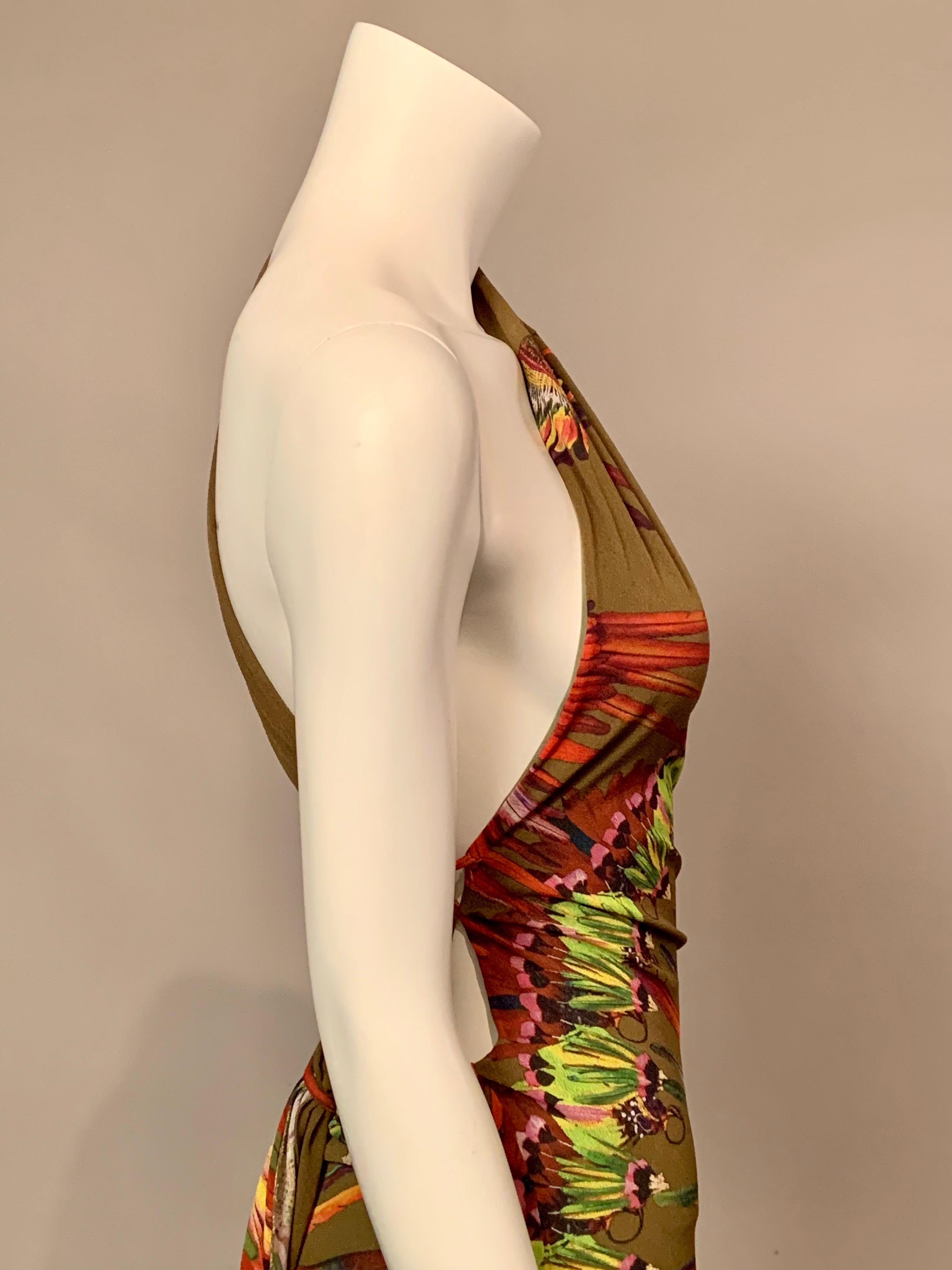 Jean Paul Gaultier Sexy Olive Green Backless Dress with Colorful Feather Pattern 2