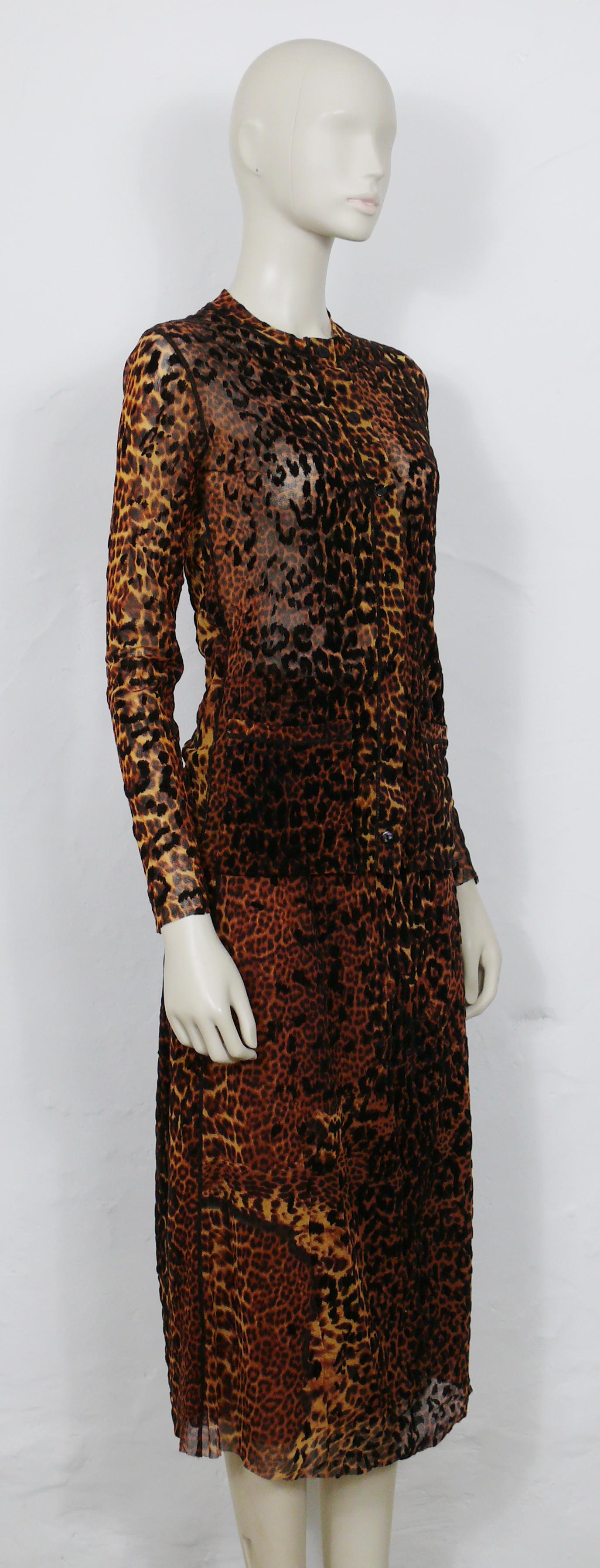 Black Jean Paul Gaultier Sheer Mesh Cheetah Print Cardigan and Skirt Ensemble Size M For Sale