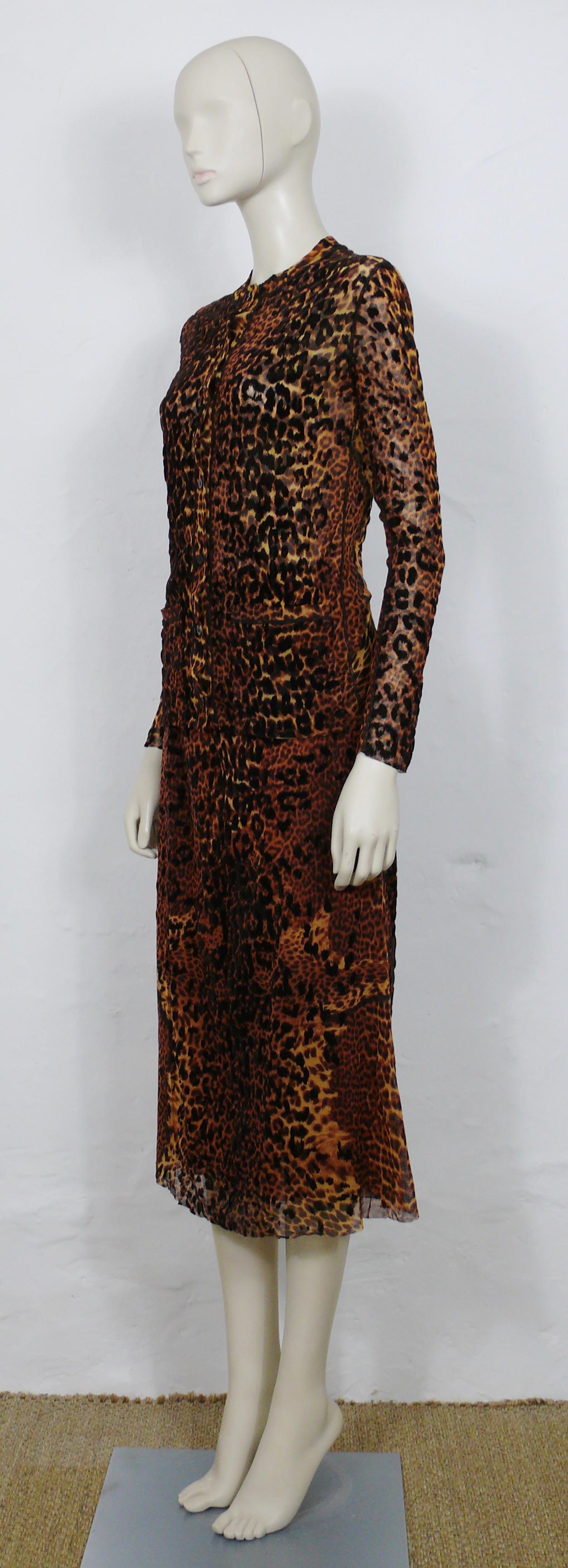 Jean Paul Gaultier Sheer Mesh Cheetah Print Cardigan and Skirt Ensemble Size M For Sale 1