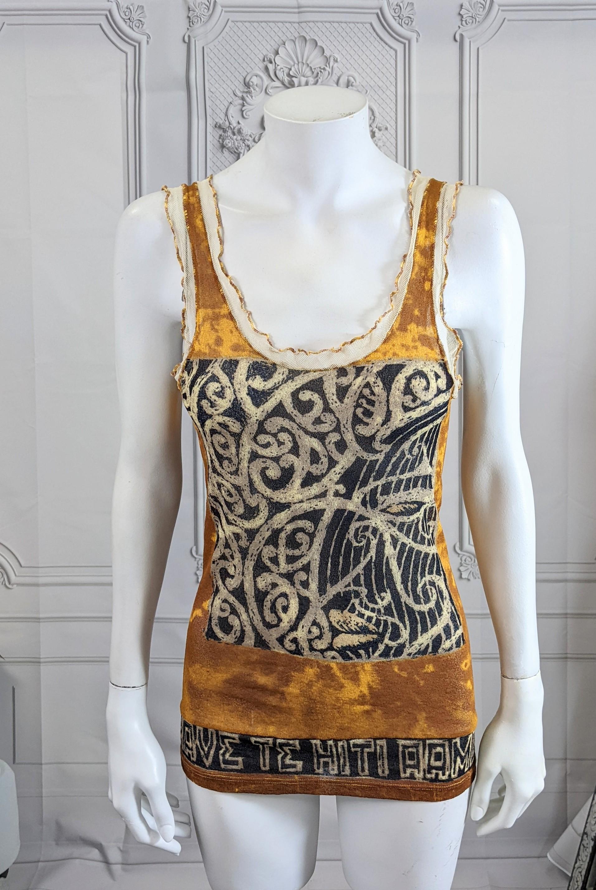 Jean Paul Gaultier Sheer Tribal Print Mesh Tank from the 1990's. One small repair near the back tab. Size: XS with stretch. Fits 0-6.  France 1990's.