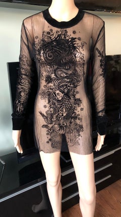 Jean Paul Gaultier Transparentes Tunika-Top mit Tattoo-Druck