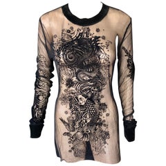 Jean Paul Gaultier Transparentes Tunika-Top mit Tattoo-Druck