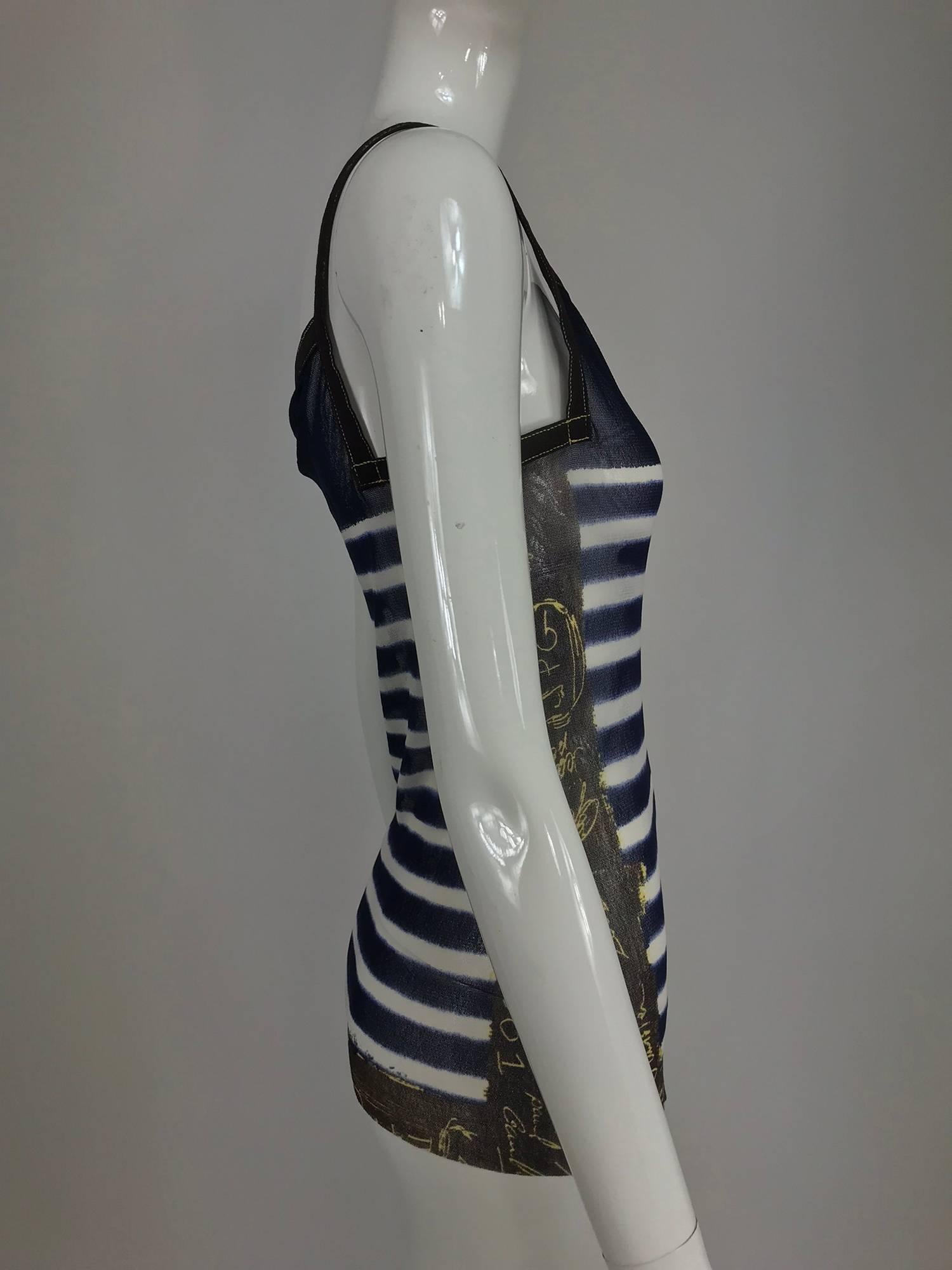Jean Paul Gaultier signed nautical stripe mesh tank top dated 2001-02 In Excellent Condition In West Palm Beach, FL