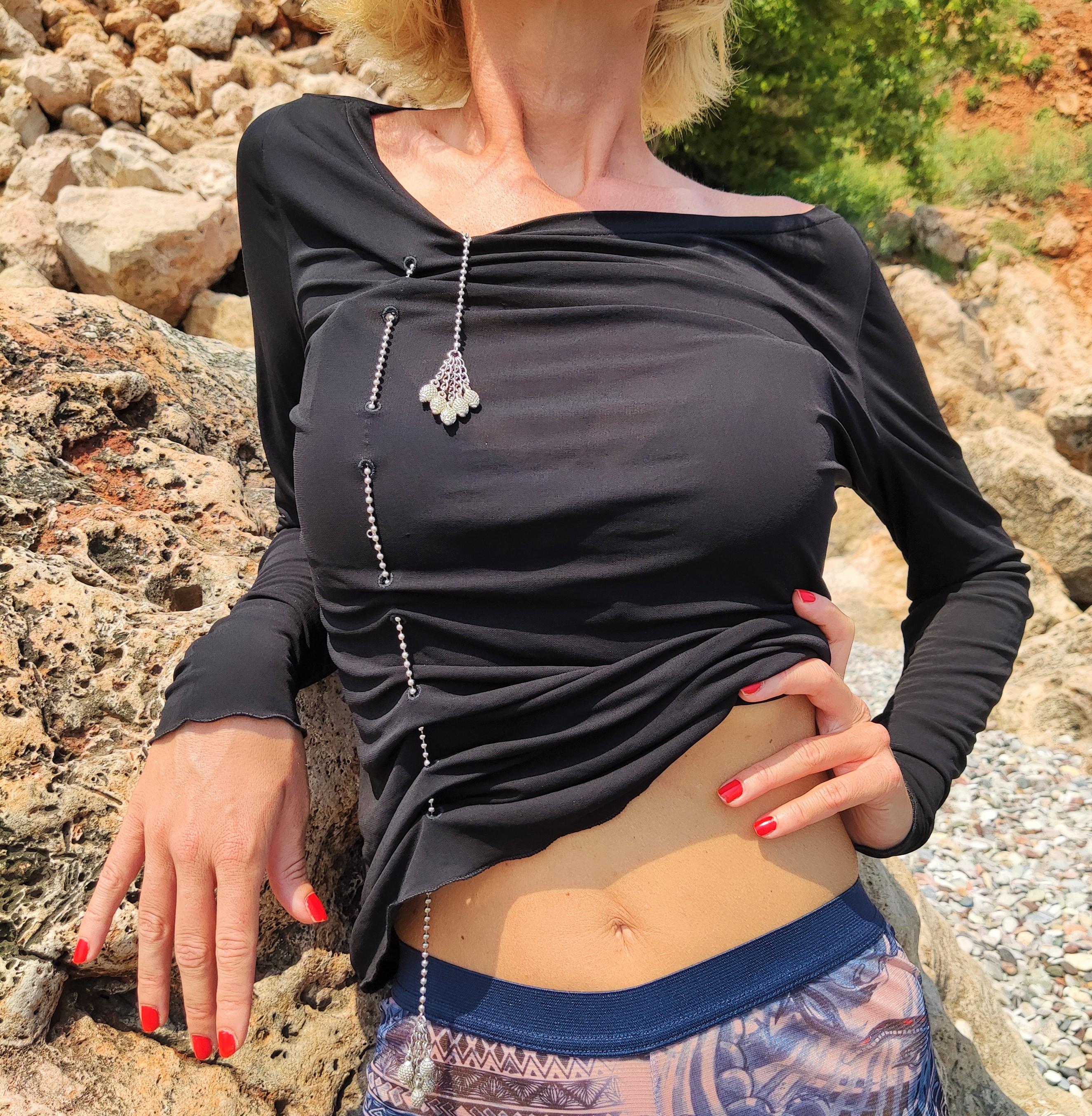 Women's Jean Paul Gaultier Silver Chain Lace Up Black Semi Sheer T-shirt Tee Top