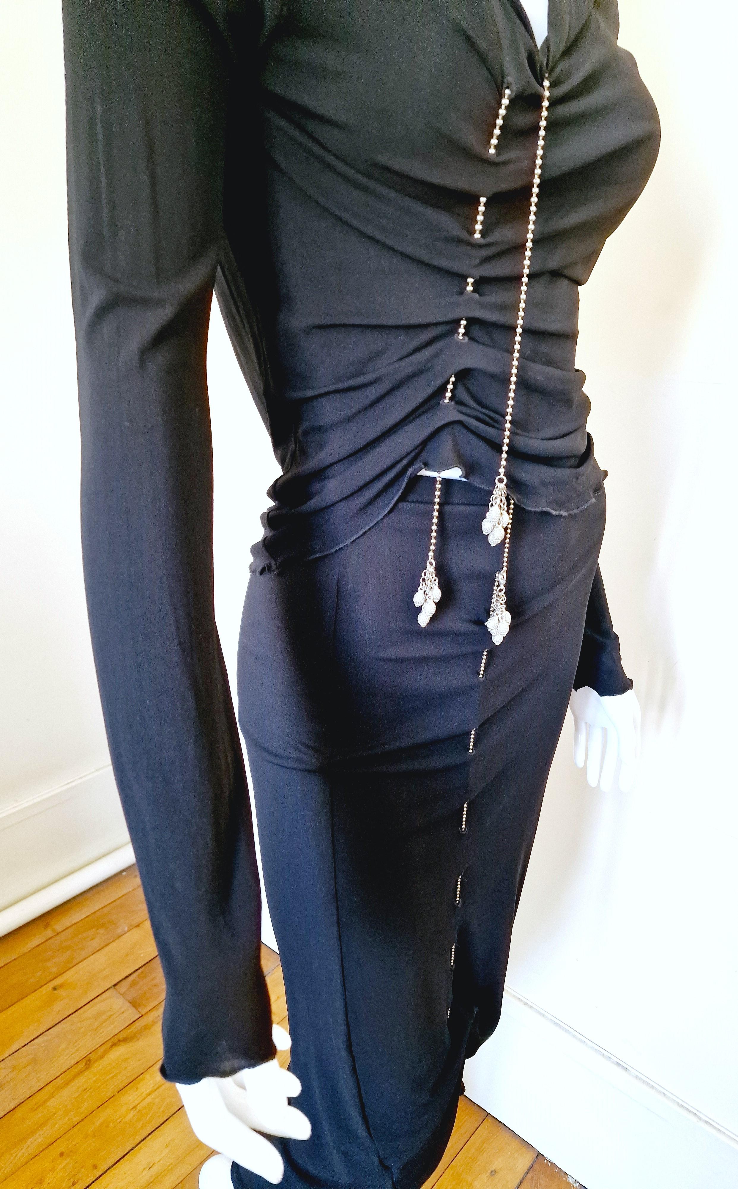 Jean Paul Gaultier Silver Chain Lace Up Black Semi Sheer Vintage Large Dress In Excellent Condition For Sale In PARIS, FR