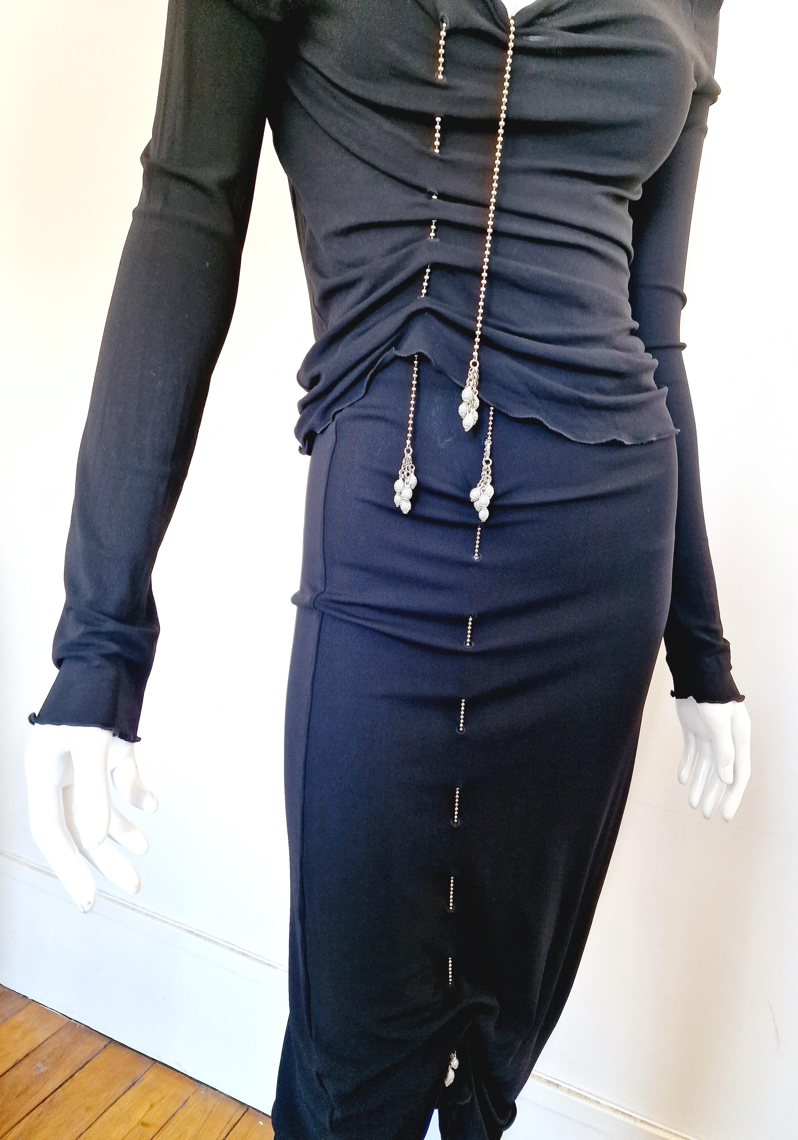 Jean Paul Gaultier Silver Chain Lace Up Black Semi Sheer Vintage Large Dress For Sale 2