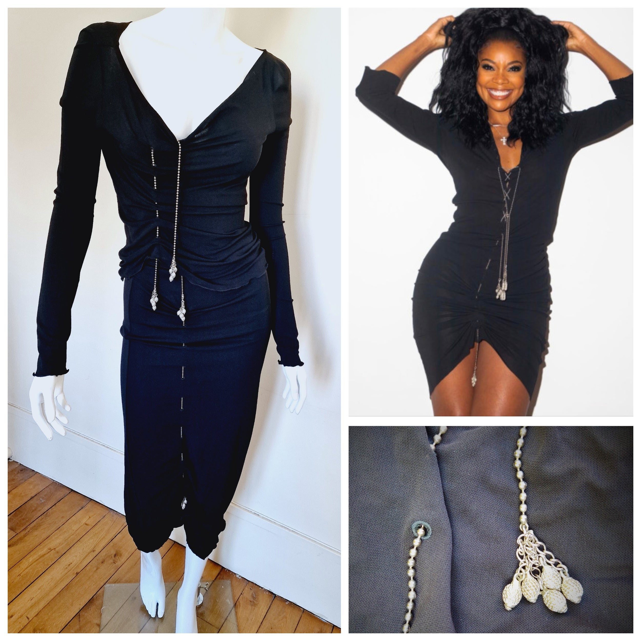 Jean Paul Gaultier Silver Chain Lace Up Black Semi Sheer Vintage Large Dress