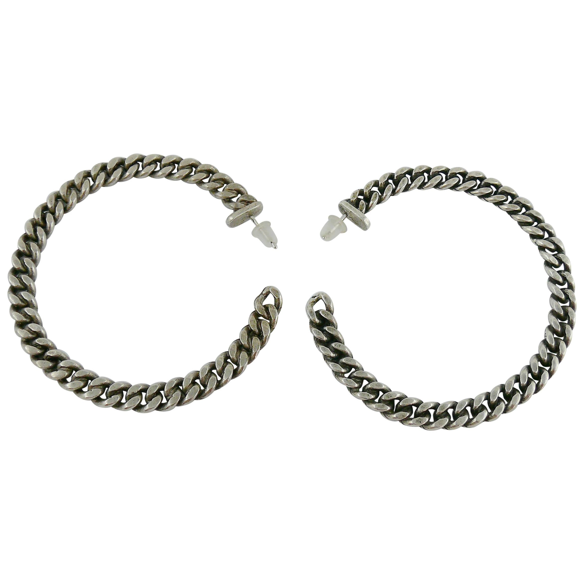 Jean Paul Gaultier Silver Toned Curb Chain Hoop Earrings For Sale