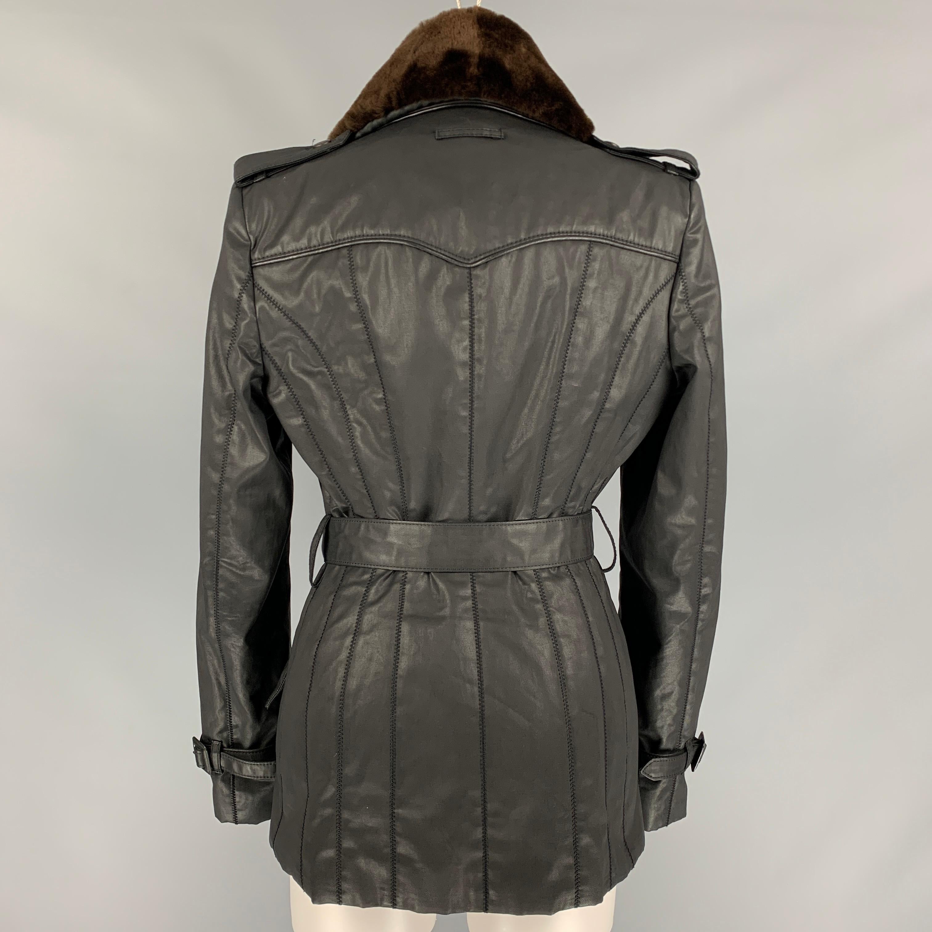 JEAN PAUL GAULTIER Size 10 Black Coated Cotton Belted Double Breasted Jacket In Excellent Condition In San Francisco, CA