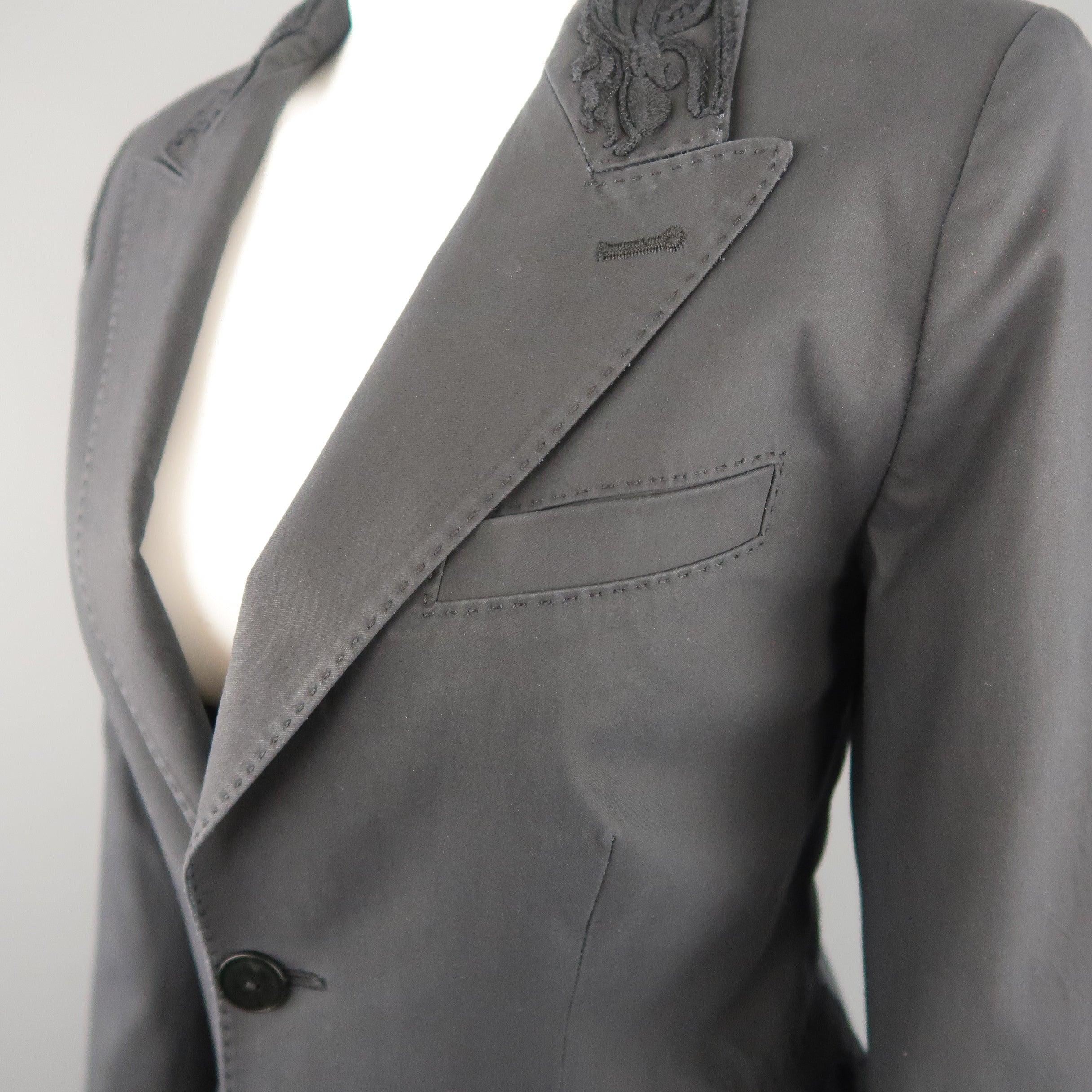 JEAN PAUL GAULTIER Size 10 Gray Cotton Embroidered Peak Lapel Blazer Jacket For Sale 1
