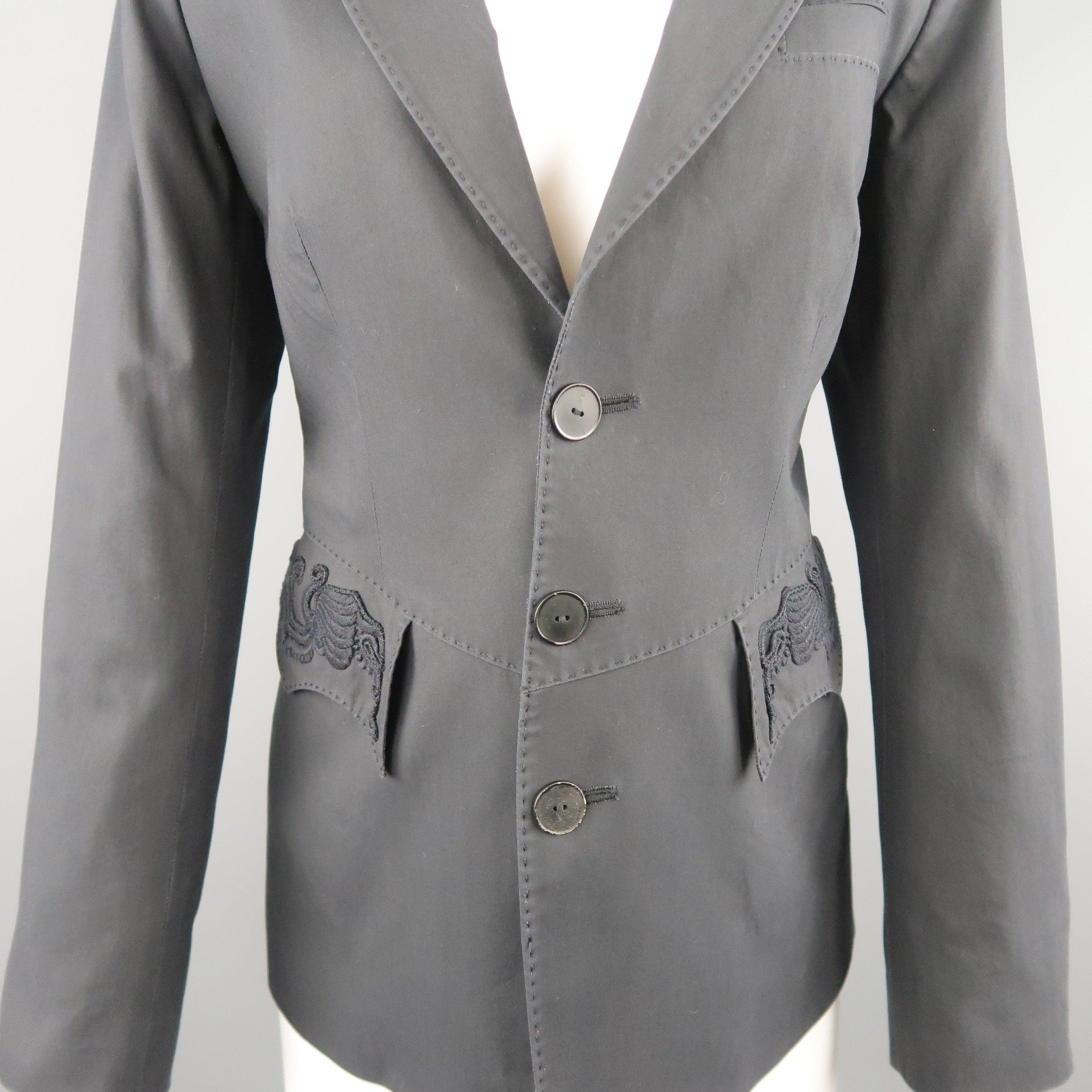 JEAN PAUL GAULTIER Size 10 Gray Cotton Embroidered Peak Lapel Blazer Jacket For Sale 2