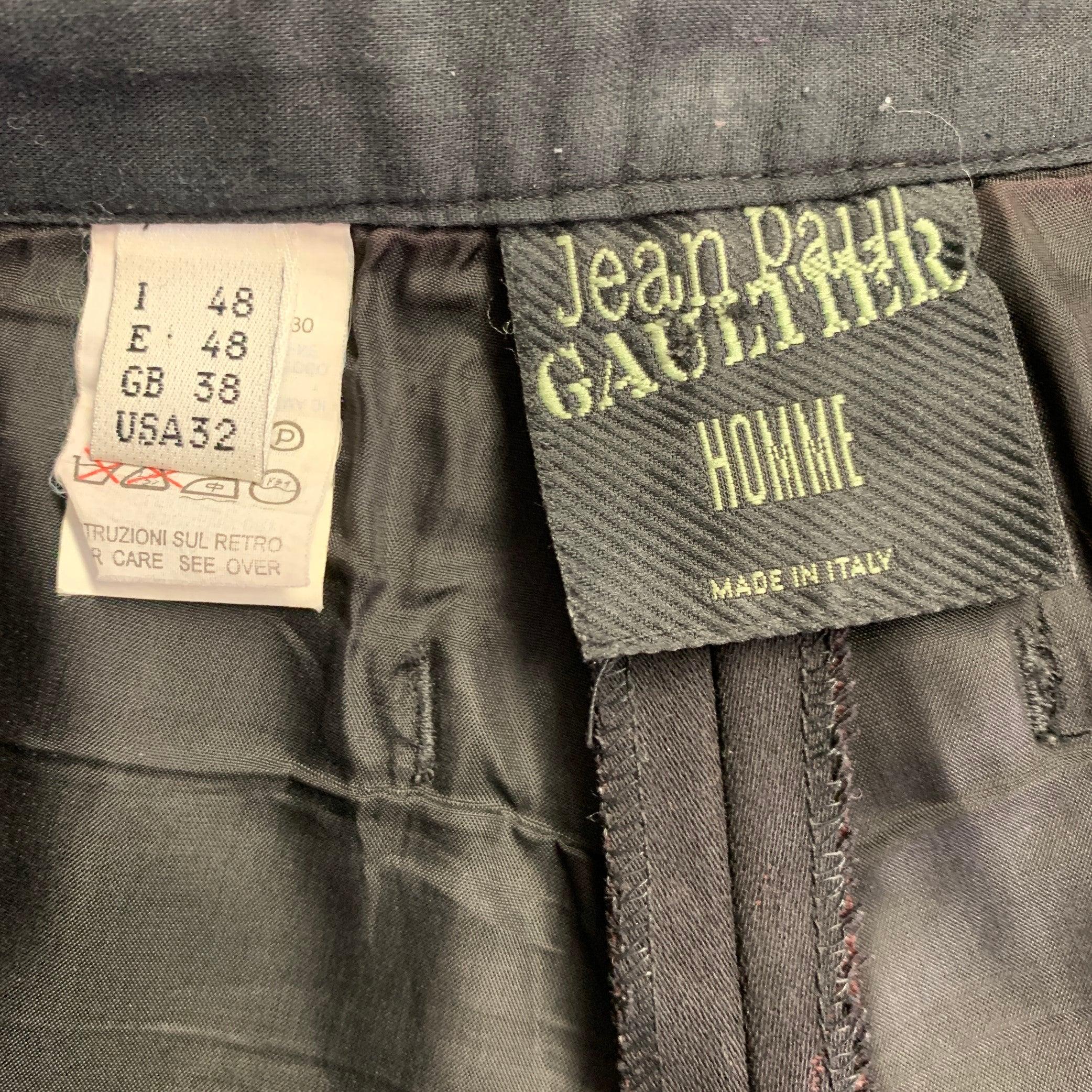 JEAN PAUL GAULTIER Size 32 Black Burgundy Stripe Wool Flat Front Dress Pants For Sale 1