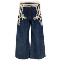 JEAN PAUL GAULTIER Size 32 Blue White Embroidery Cotton Nautical Wide Leg Jeans