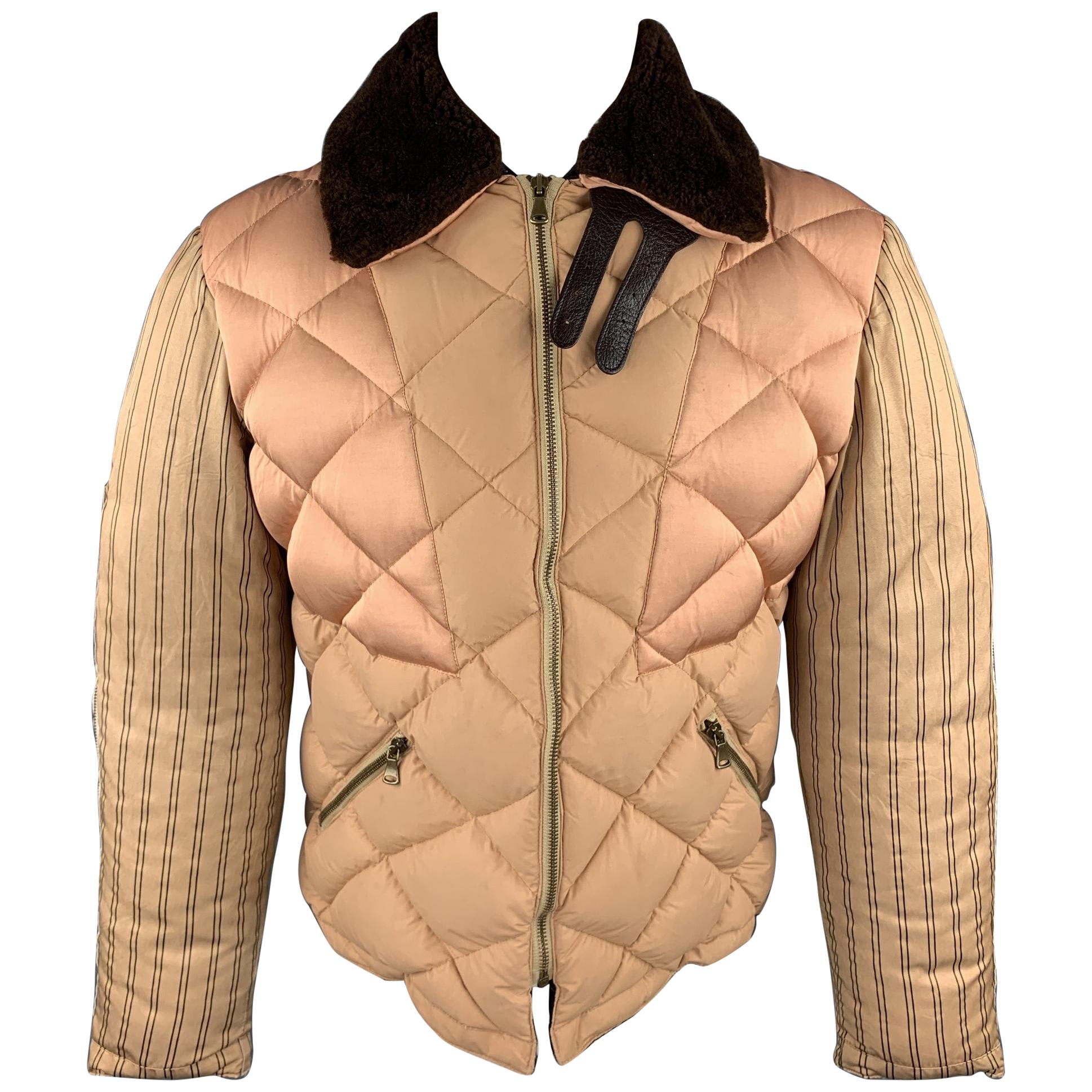 JEAN PAUL GAULTIER Size 40 Tan Quilted Patchwork Brown Fur Collar Puffer Jacket