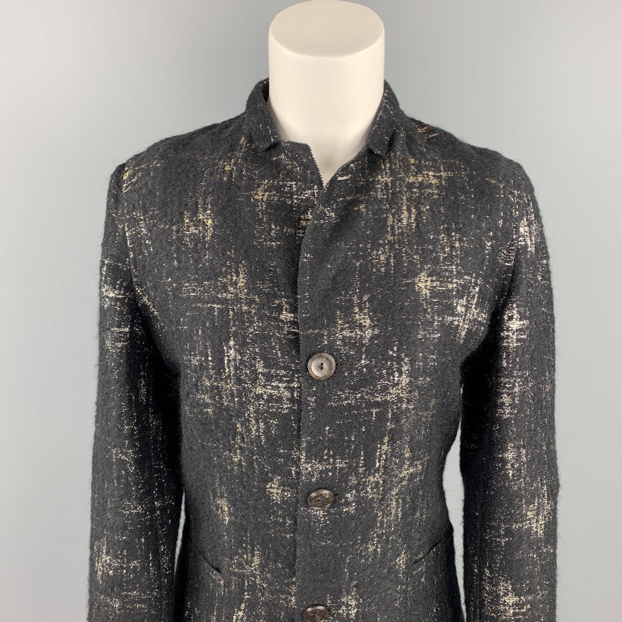 JEAN PAUL GAULTIER Femme jacket comes in a black & silver textured silk featuring a mary jane style, front pockets, and a buttoned closure. Made in Italy.Excellent
 Pre-Owned Condition. 
 

 Marked:  US 8
  UK 10
  IT 42
  
 

 Measurements: 
  
