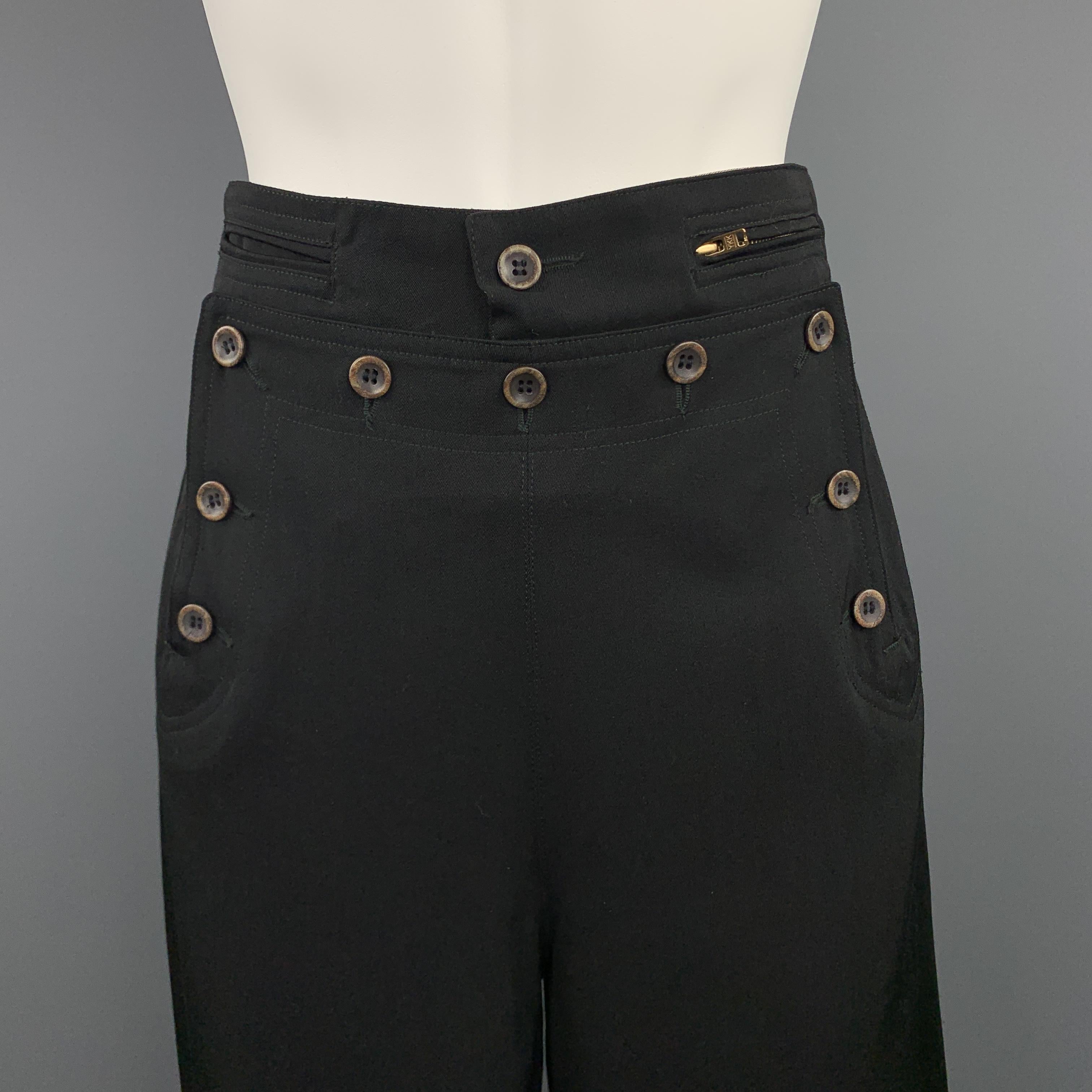 Vintage JEAN PAUL GAULTIER CLASSIQUE dress pants come in black wool twill with a button flap closure front, wide leg, satin tuxedo stripe, and lace up back. Made in Italy.

Excellent Pre-Owned Condition.
Marked: US 8

Measurements:

Waist: 29