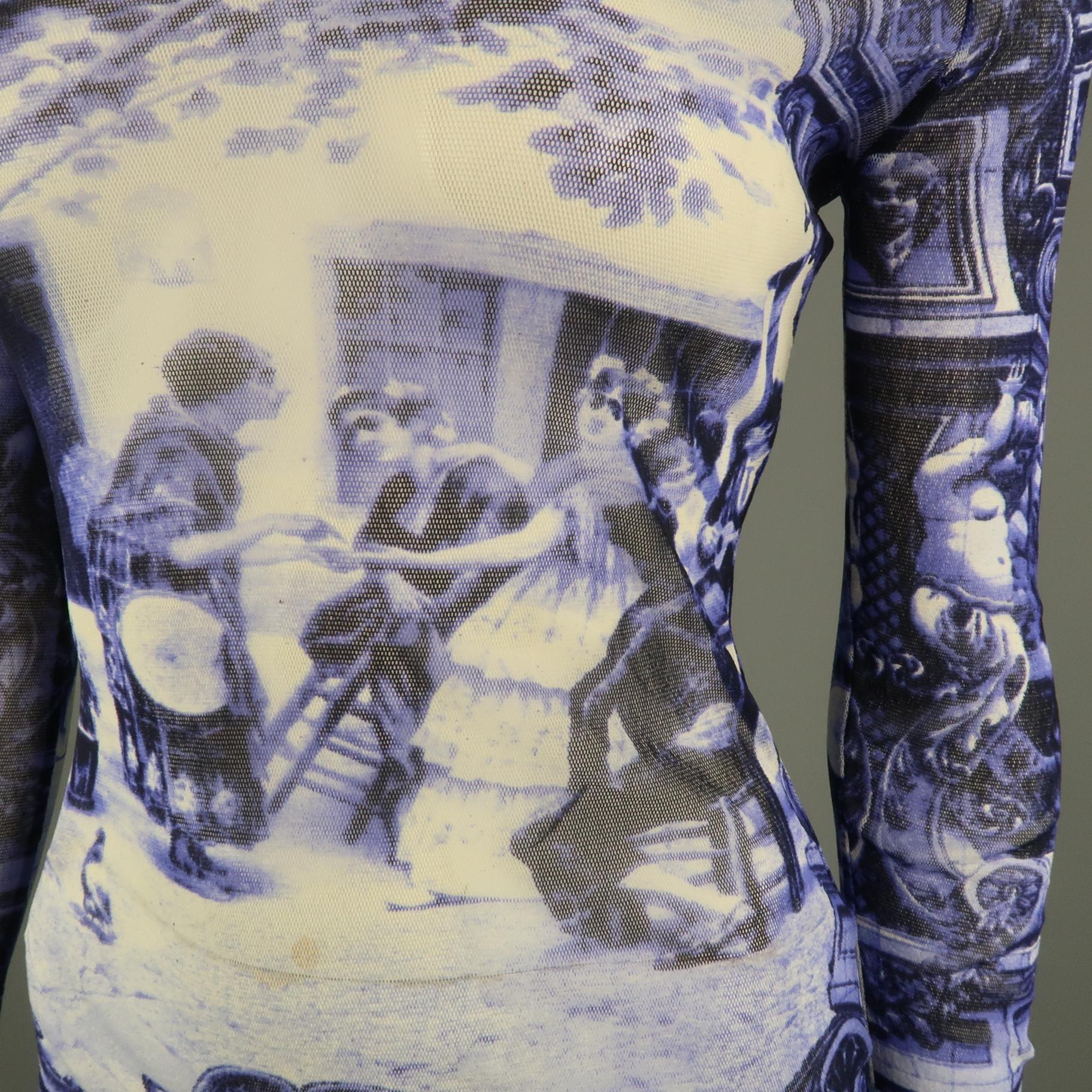 Gray JEAN PAUL GAULTIER Size M Blue & White French Courtyard Scene 1998 Mesh Pullover