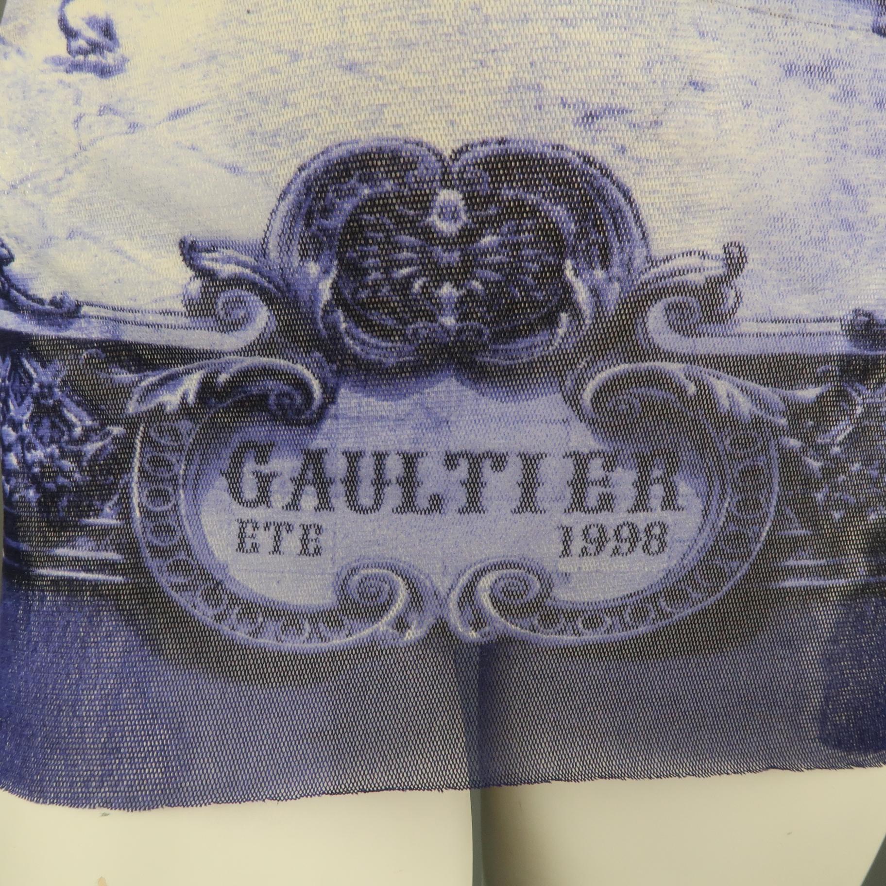 JEAN PAUL GAULTIER Size M Blue & White French Courtyard Scene 1998 Mesh Pullover In Excellent Condition In San Francisco, CA
