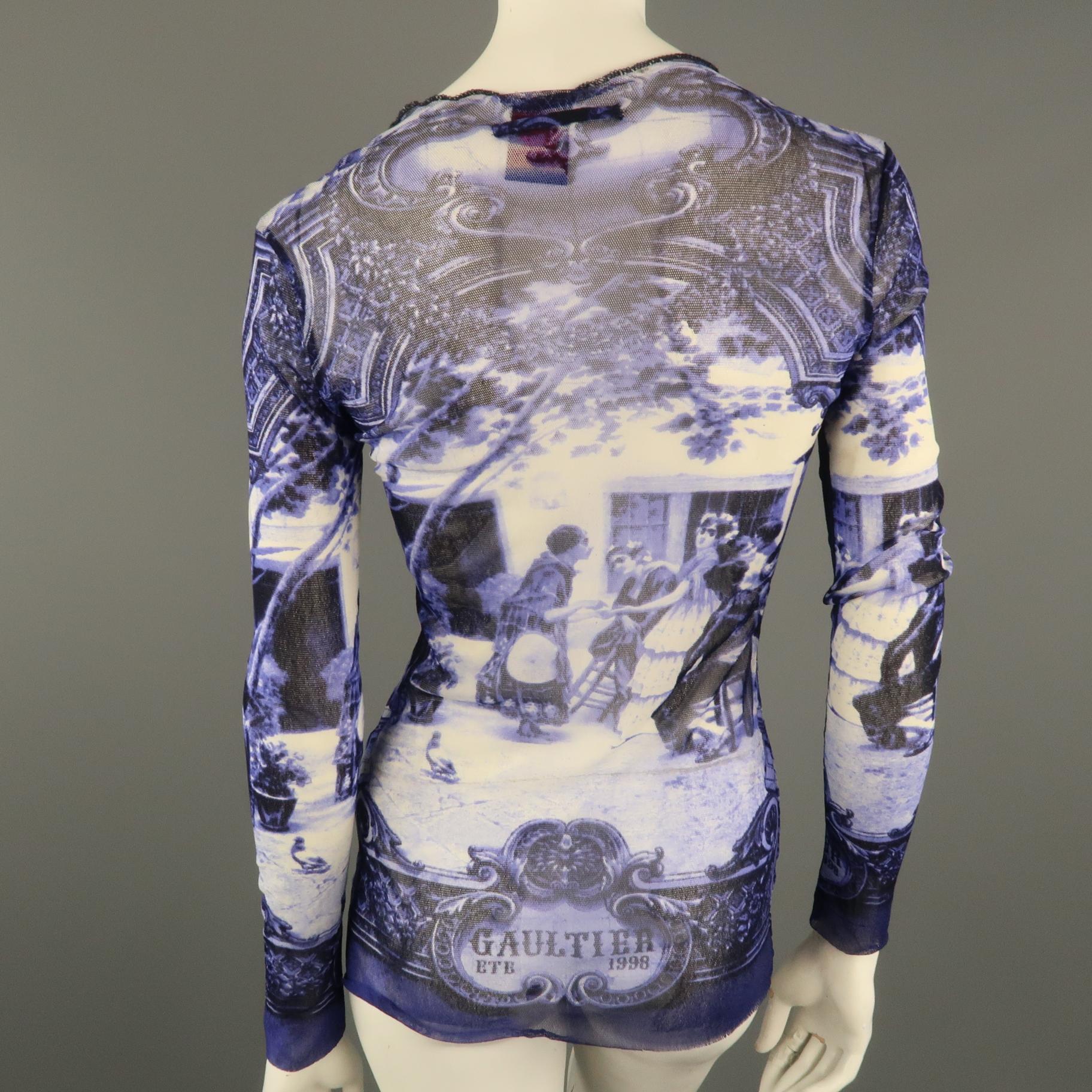 JEAN PAUL GAULTIER Size M Blue & White French Courtyard Scene 1998 Mesh Pullover 2