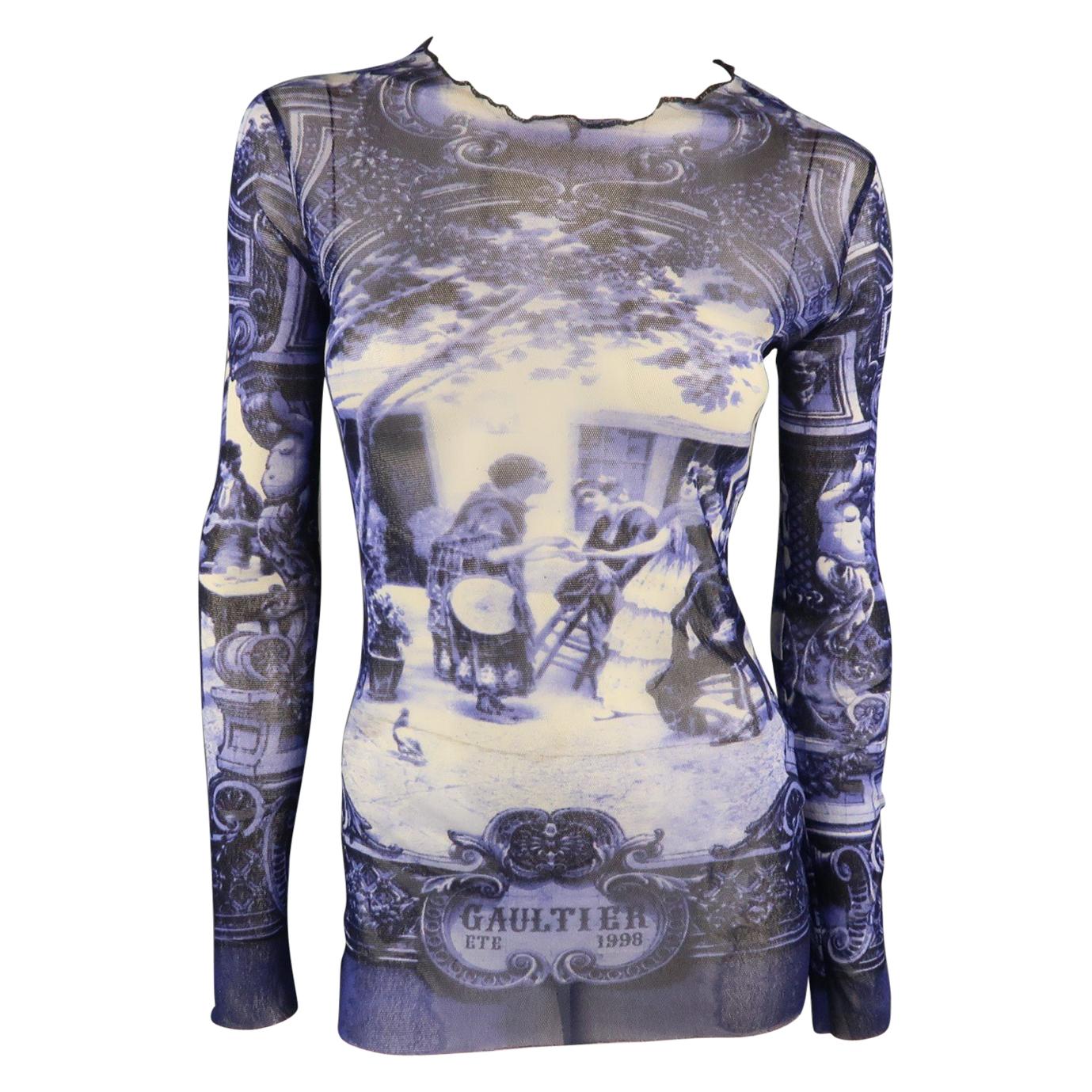 JEAN PAUL GAULTIER Size M Blue & White French Courtyard Scene 1998 Mesh Pullover