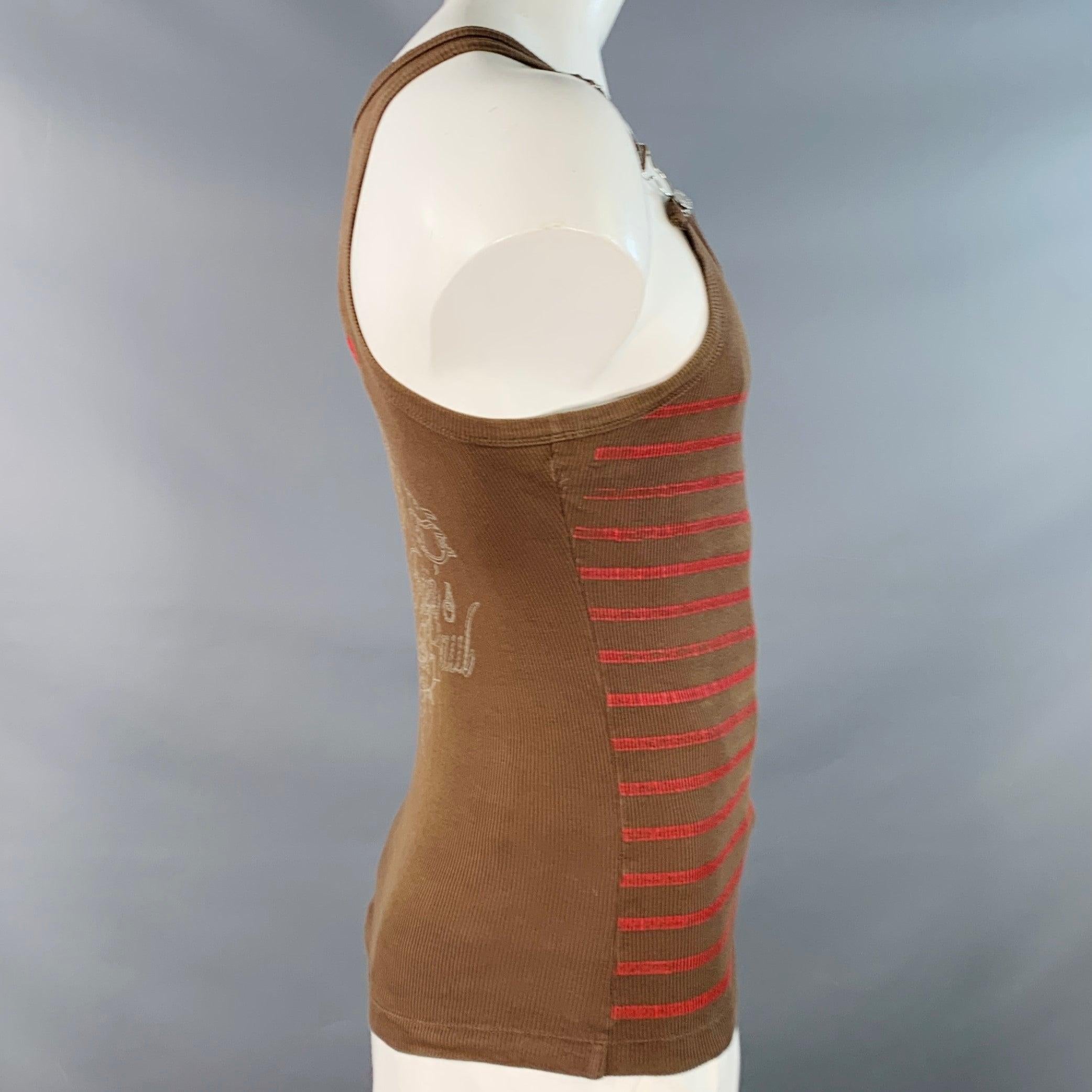 Marrone JEAN Paul Gaultier Jeans Taglia M Brown Red Stripe Cotton Buckle Tank Top (As Is) in vendita