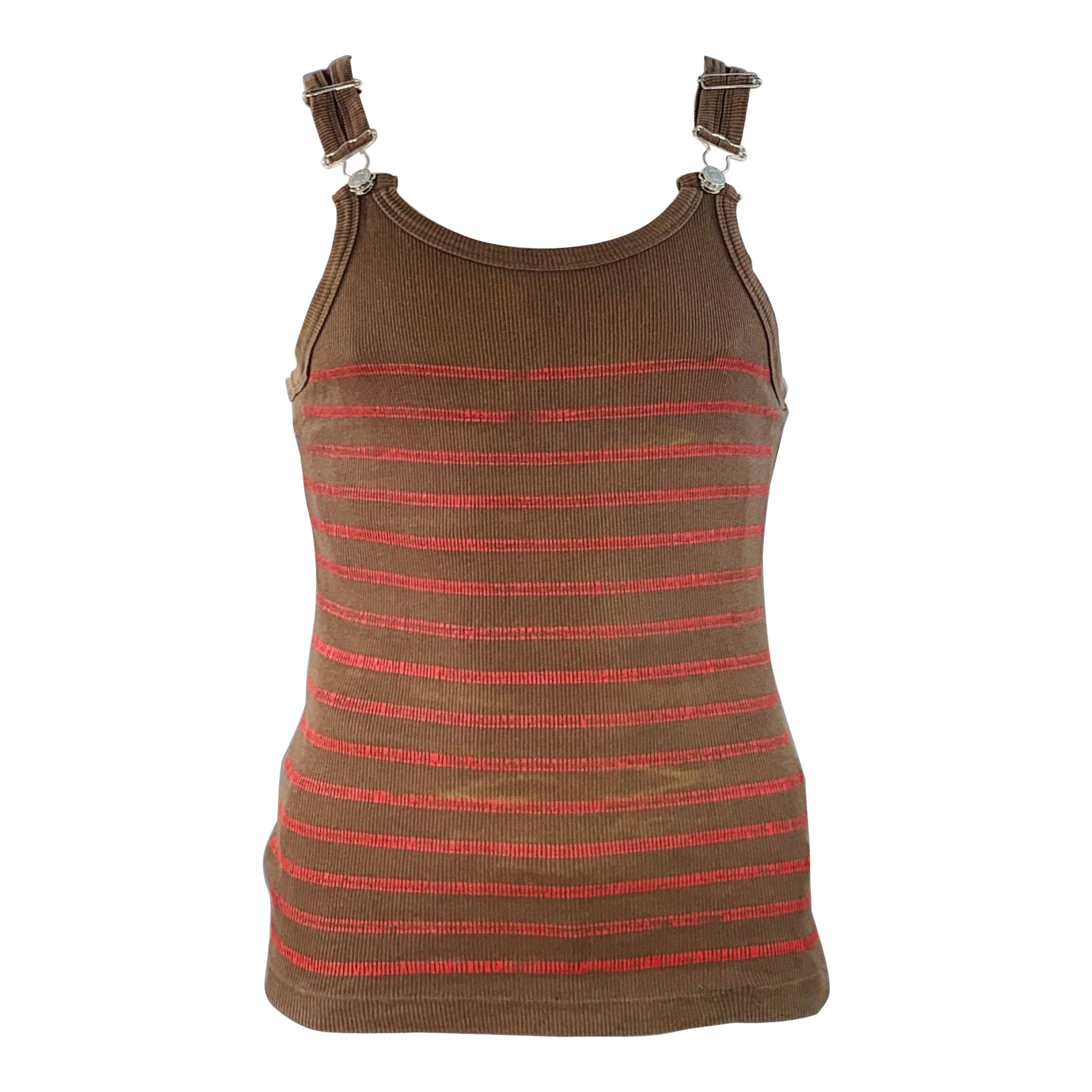 JEAN Paul Gaultier Jeans Taglia M Brown Red Stripe Cotton Buckle Tank Top (As Is) in vendita