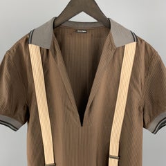 JEAN PAUL GAULTIER Size M Brown Stripe Rayon / Silk Open V-neck Contrast Polo