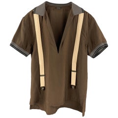 JEAN PAUL GAULTIER Size M Brown Stripe Rayon / Silk Open V-neck Contrast Polo