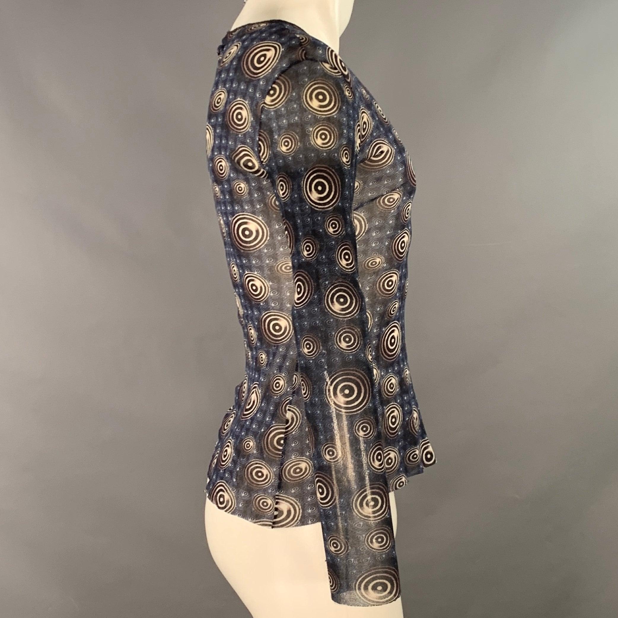 JEAN PAUL GAULTIER pullover
in a stretchy navy, black, and white nylon mesh featuring a circles pattern, long sleeves, and boat neck. Made in Italy.Very Good Pre-Owned Condition. Minor snag. 

Marked:   size not marked 

Measurements: 
 
Shoulder: