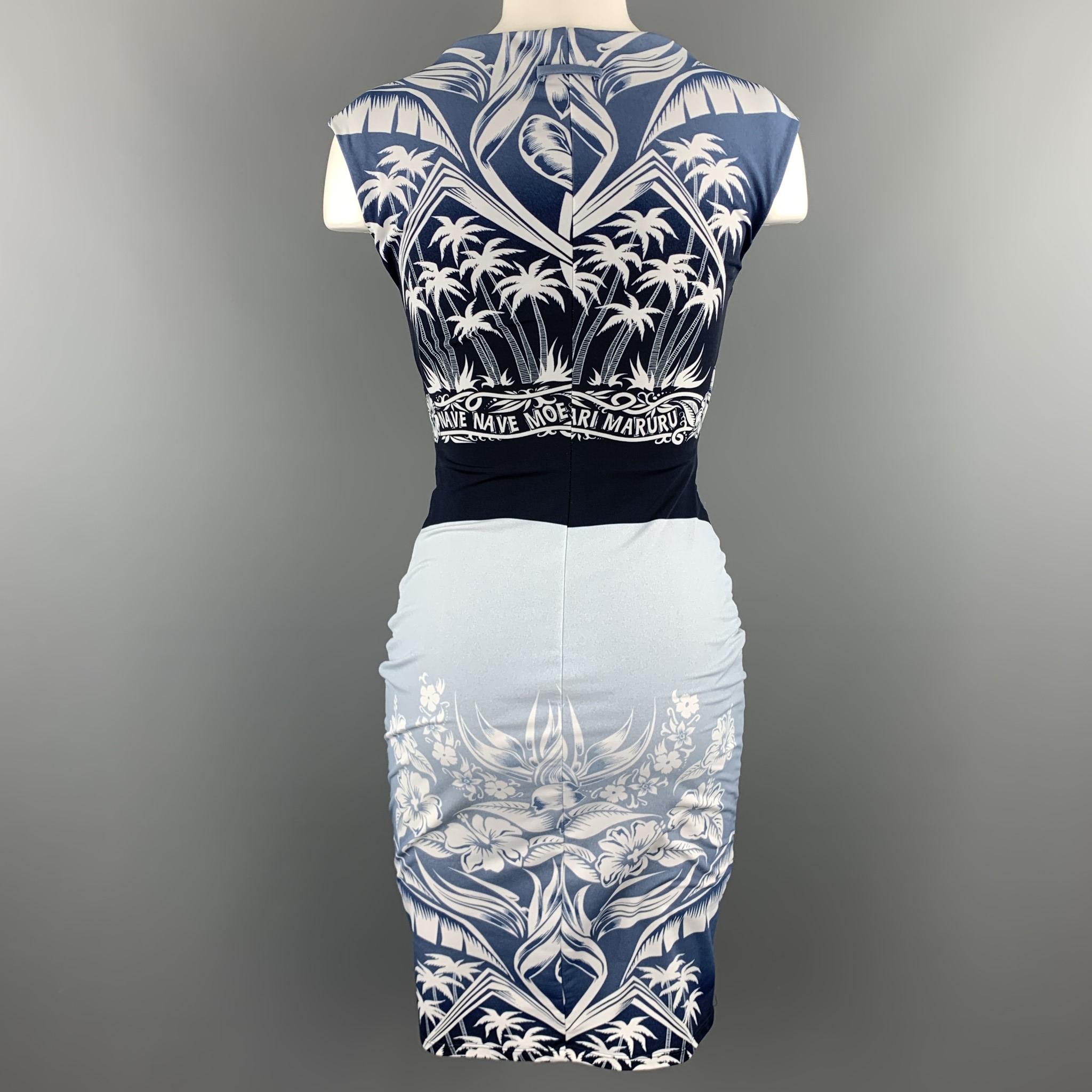 Gray JEAN PAUL GAULTIER Size S Blue Farari Maruru Tropical Print Wrap Draped Dress