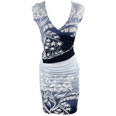 JEAN PAUL GAULTIER Size S Blue Farari Maruru Tropical Print Wrap Draped Dress