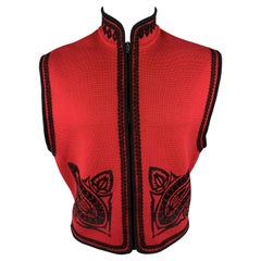 JEAN PAUL GAULTIER Size S Red Lana Wool Knit Black Emboidered Zip Vest