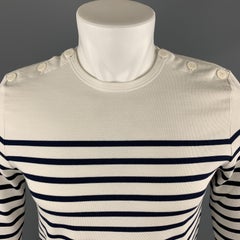 JEAN PAUL GAULTIER Size S White & Navy Horizontal Stripe Cotton Button Shoulder