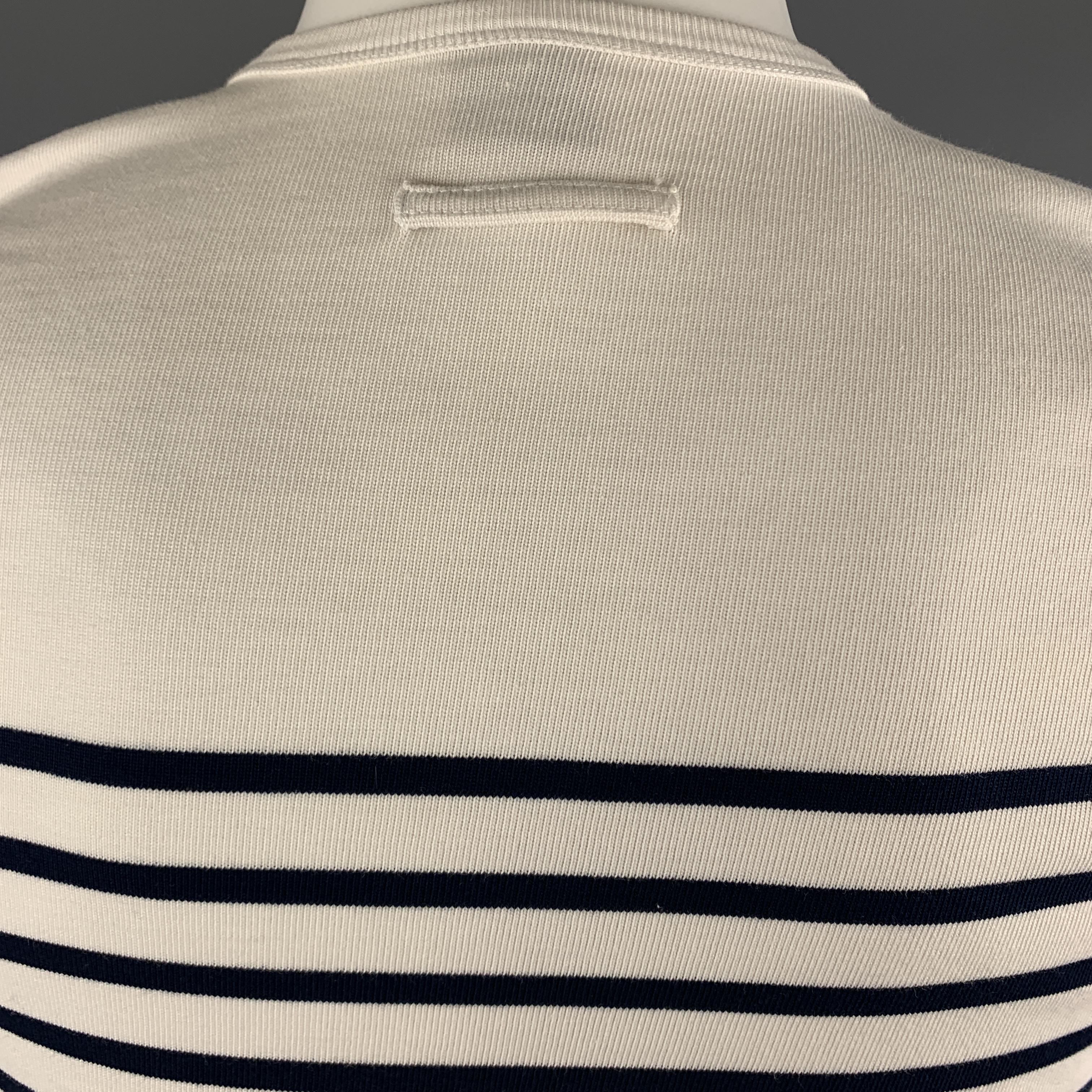JEAN PAUL GAULTIER Size S White & Navy Horizontal Stripe Cotton Button Shoulder  1