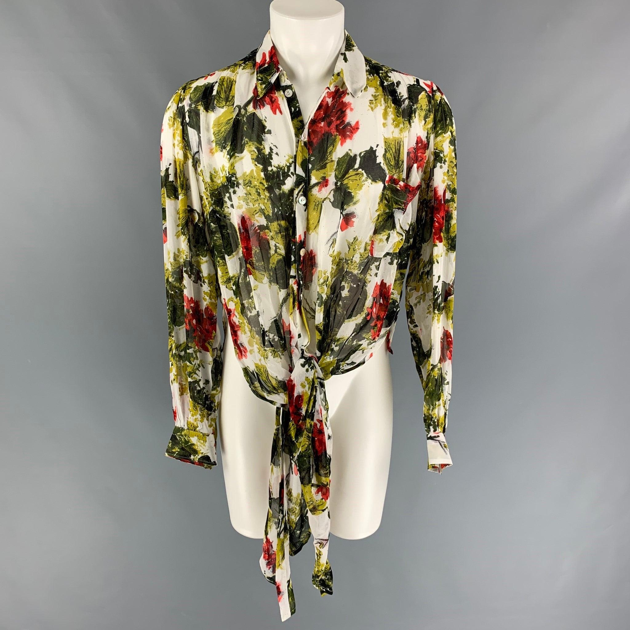 Men's JEAN PAUL GAULTIER Size XL Green Multi-Color Abstract Floral Long Sleeve Shirt