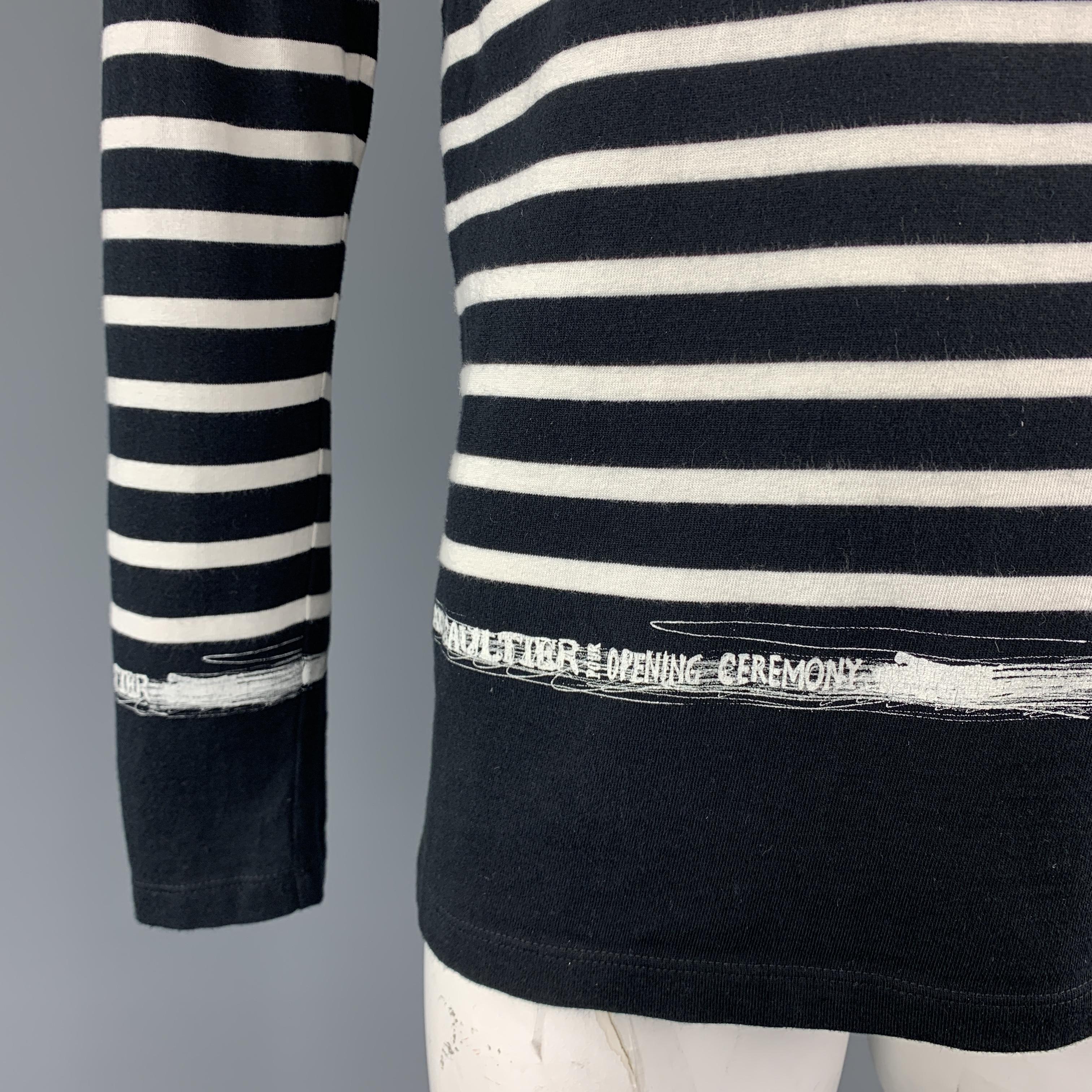 Black JEAN PAUL GAULTIER Size XL Navy & White Stripe Cotton Buttoned Pullover Sweater