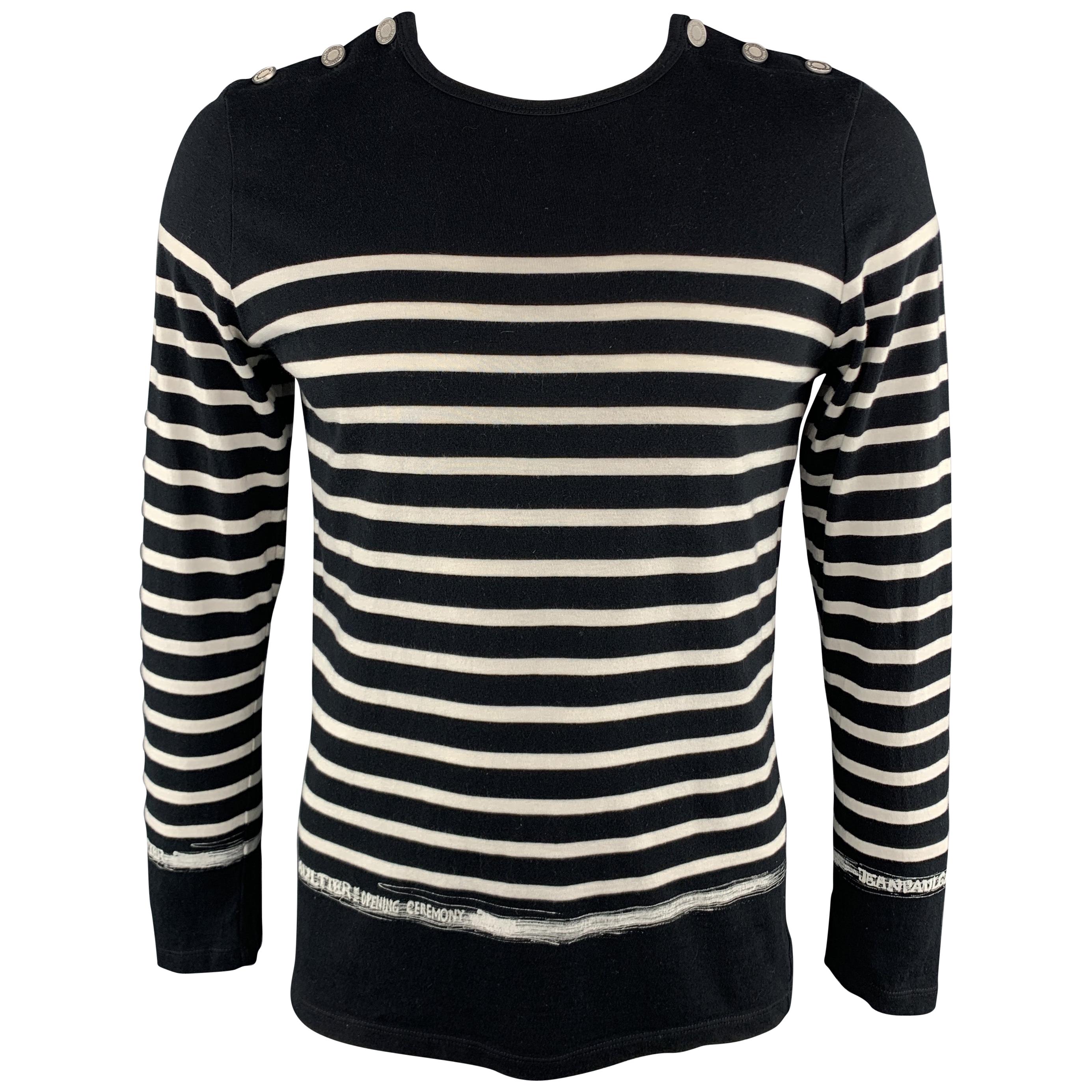 JEAN PAUL GAULTIER Size XL Navy & White Stripe Cotton Buttoned Pullover Sweater