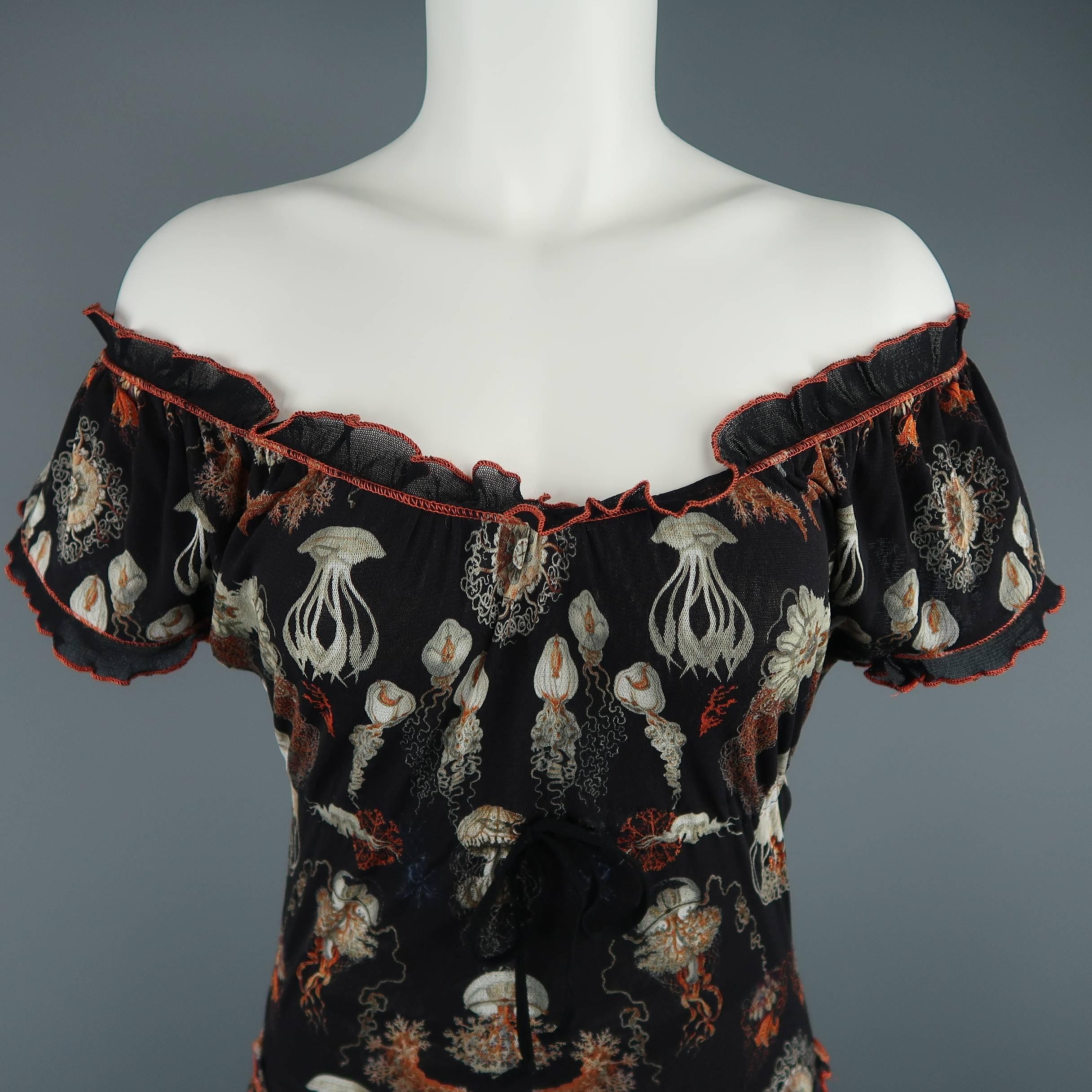 JEAN PAUL GAULTIER SOLEIL peasant style dress comes in black stretch micro mesh with all over beige and orange jellyfish print, orange stitched ruffle piping, tied underbust, and ruffled panel A line skirt. wear it on or off the shoulder. Made in
