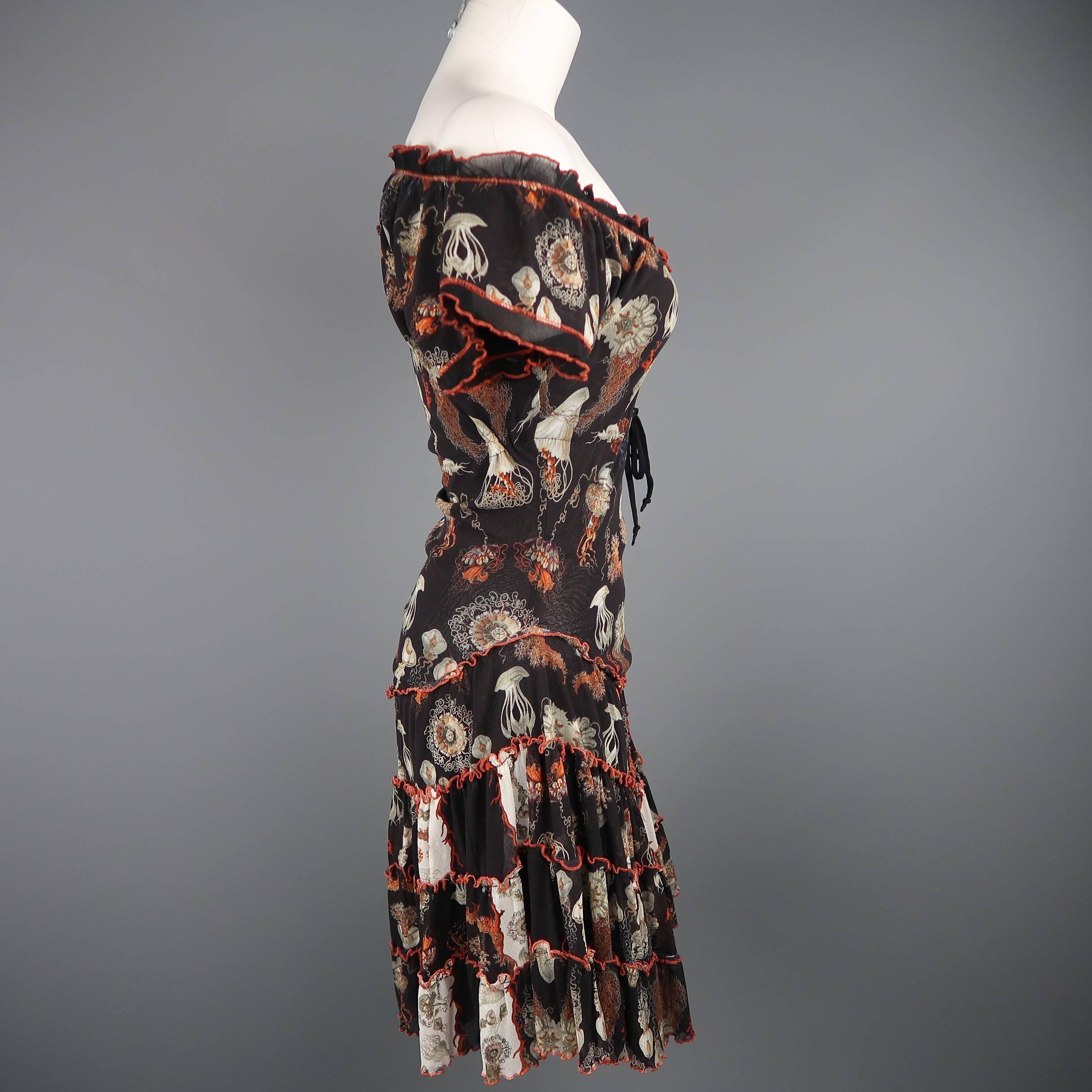 Jean Paul Gaultier Black Jellyfish Print Mesh Ruffle Skirt Dress In Excellent Condition In San Francisco, CA