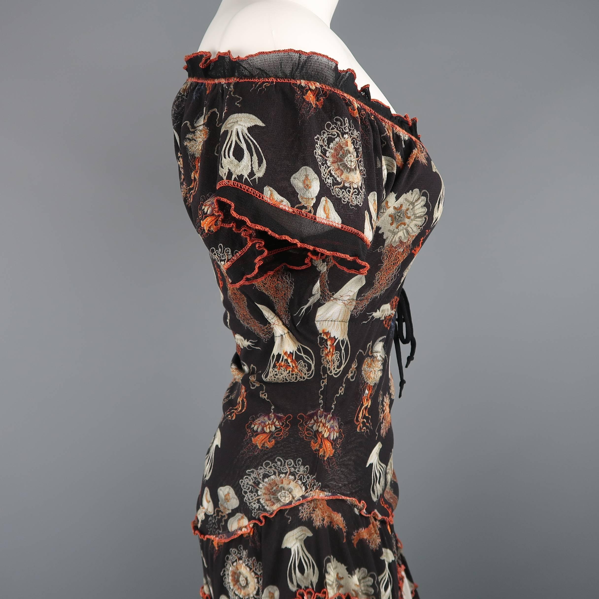 Women's Jean Paul Gaultier Black Jellyfish Print Mesh Ruffle Skirt Dress