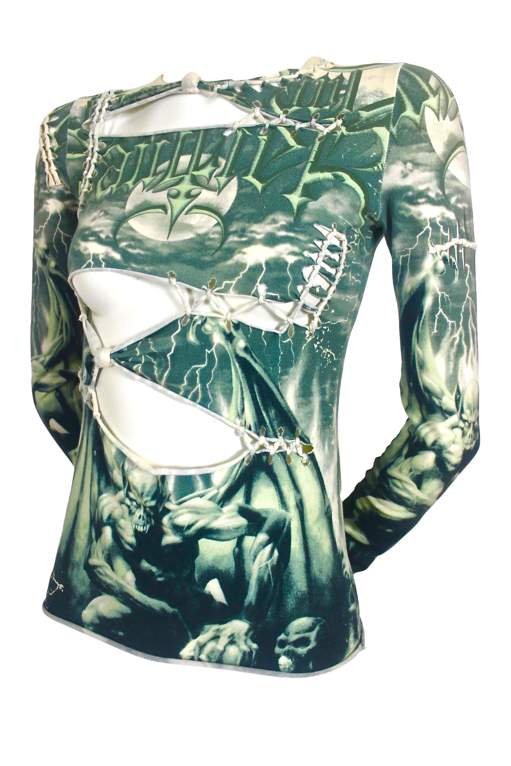 Gray Jean Paul Gaultier Slashed and Stitched Demon Print T-Shirt