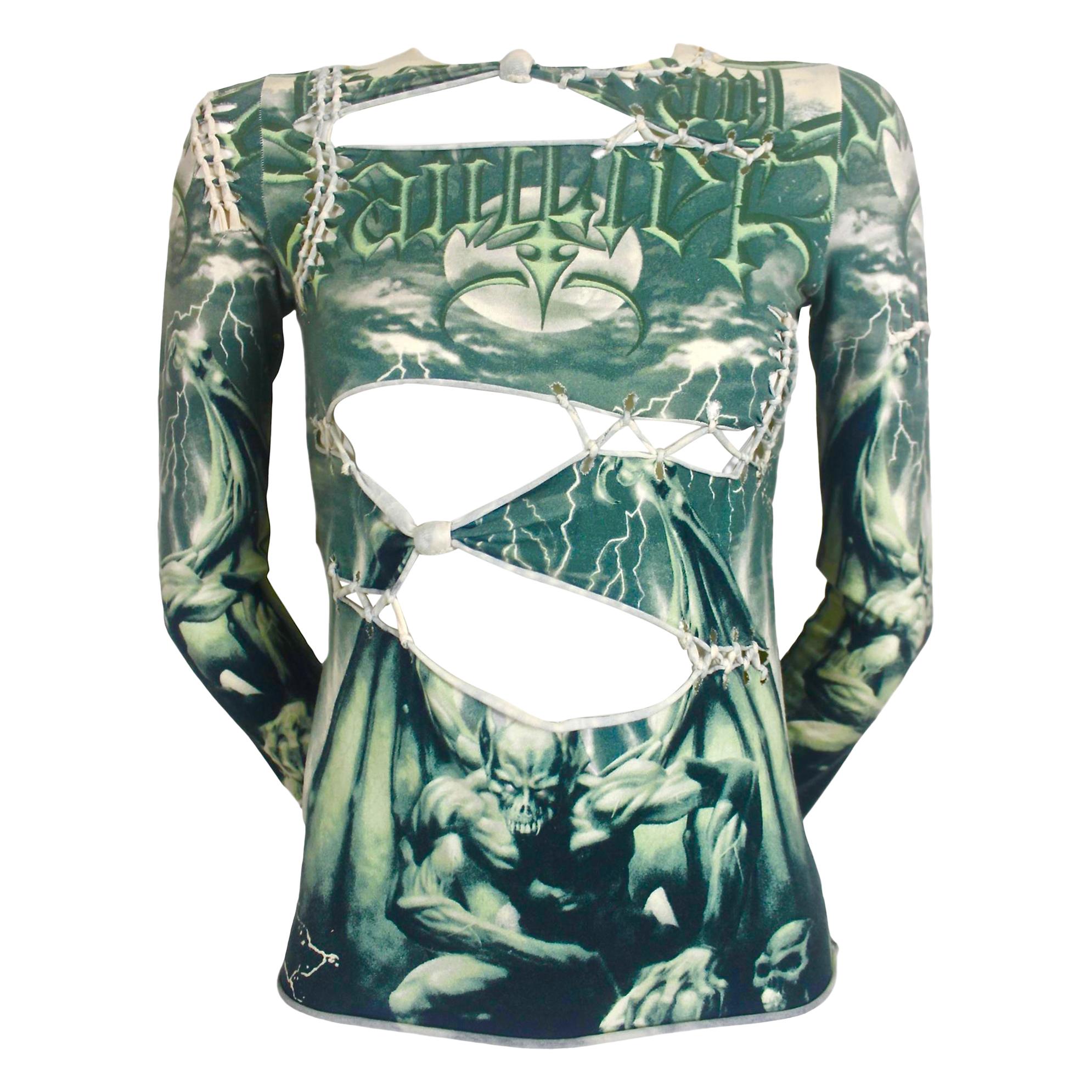 Jean Paul Gaultier Slashed and Stitched Demon Print T-Shirt at 