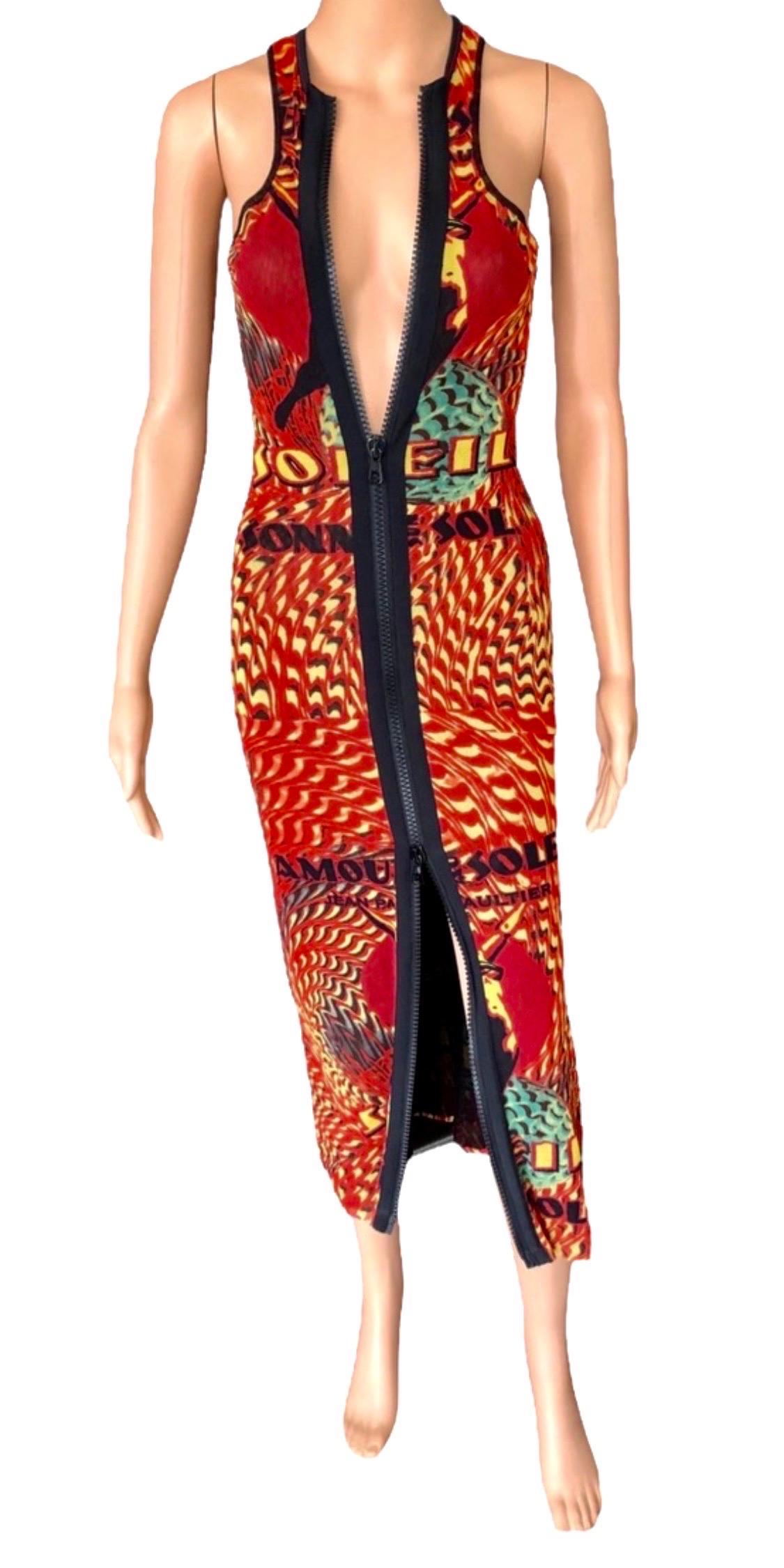 Jean Paul Gaultier Soleil 1999 Vintage Amour au Soleil Bodycon Mesh Maxi Dress 

Jean Paul Gaultier Soleil Vintage Amour au Soleil dress featuring bodycon fit and exposed front zip closure ( can be adjusted to your preference).